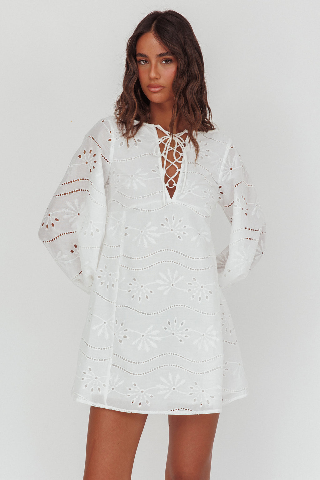 Long Weekend Eyelet Mini Dress White by Selfie Leslie