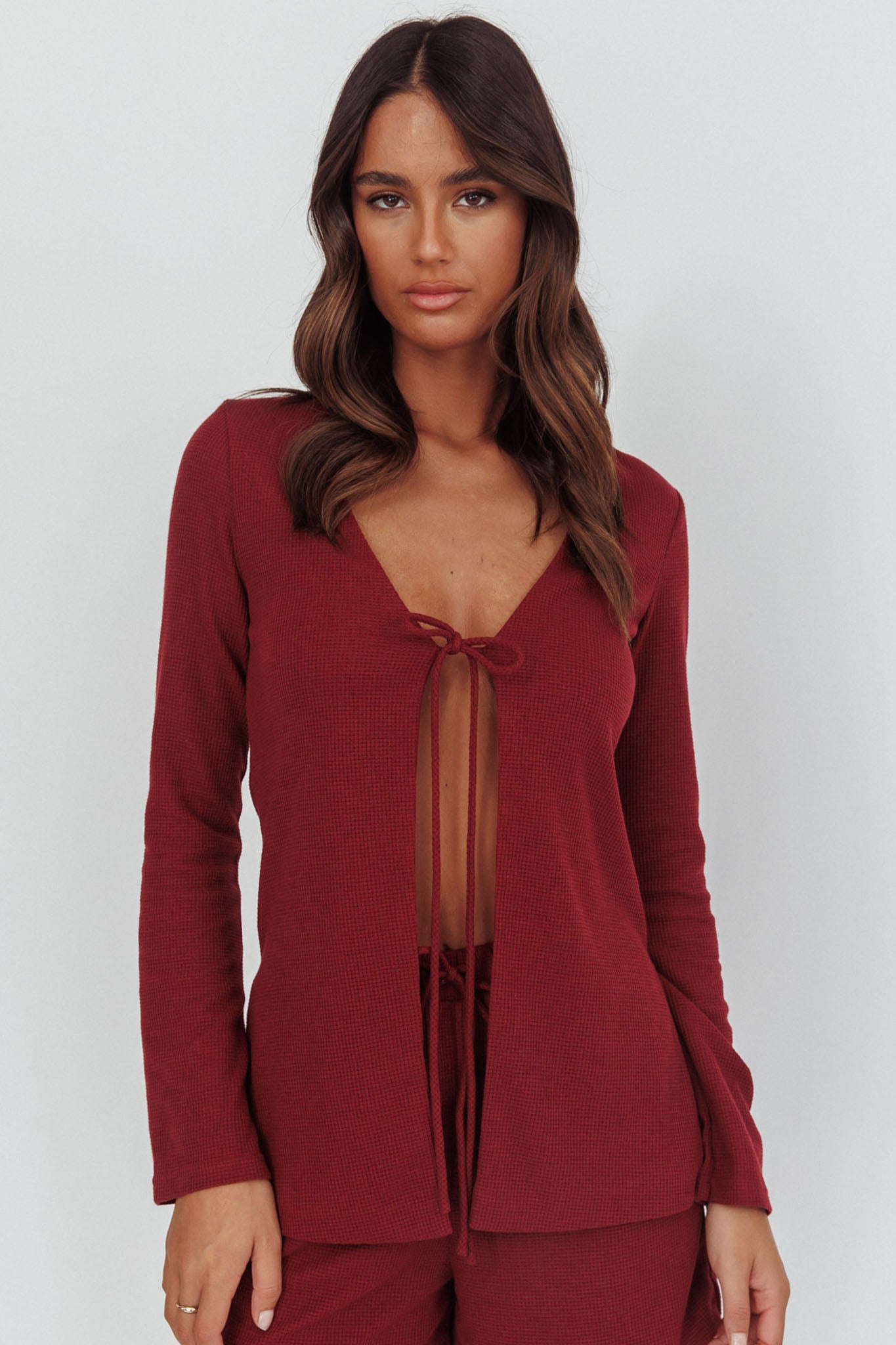 Ryder Tie Front Top Burgundy by Selfie Leslie