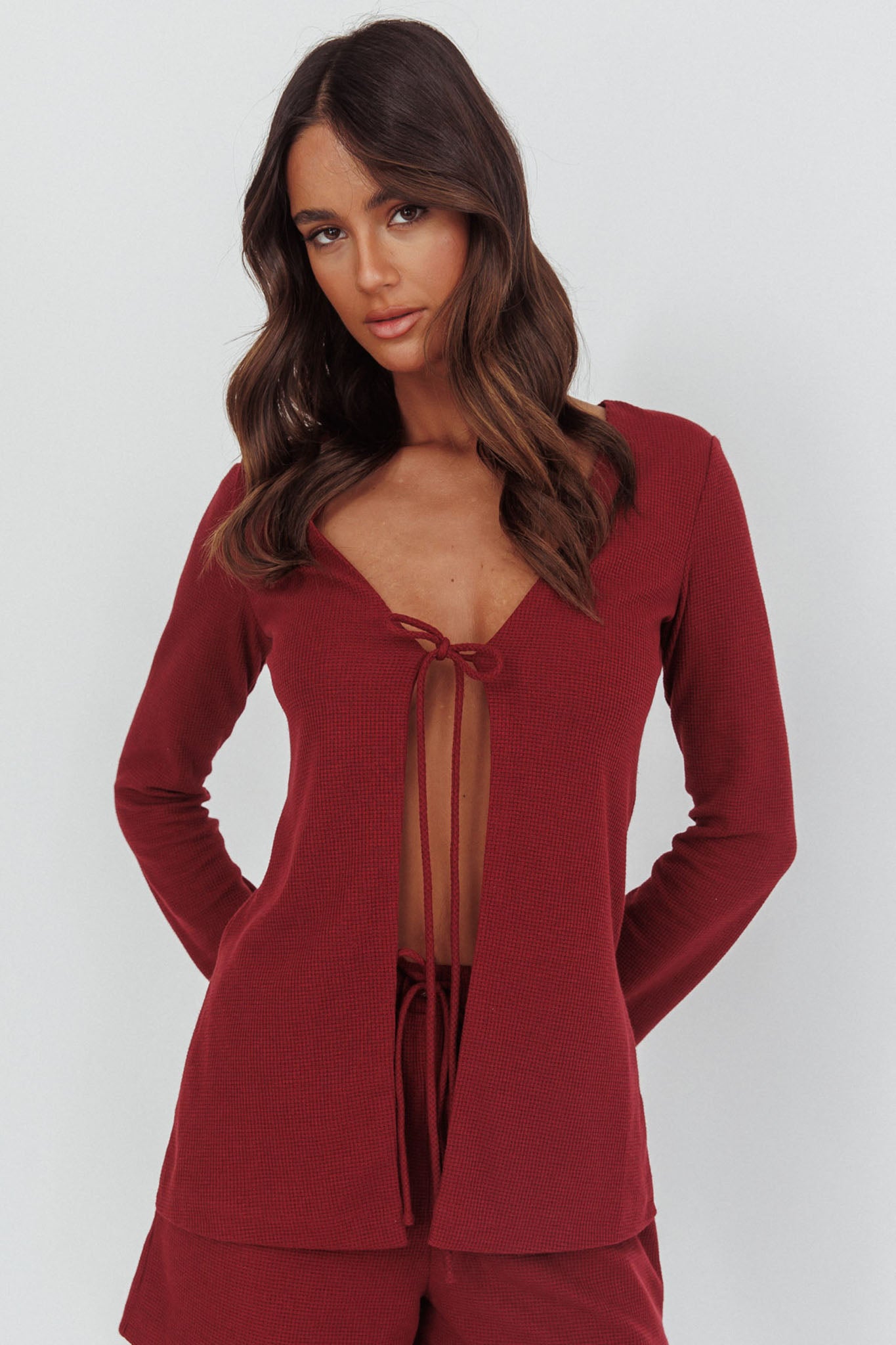 Ryder Tie Front Top Burgundy by Selfie Leslie