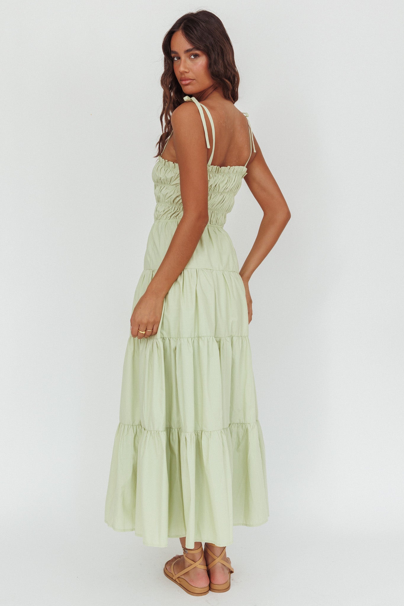 Anderson Tied Shoulder Smocked Bodice Maxi Dress Sage by Selfie Leslie