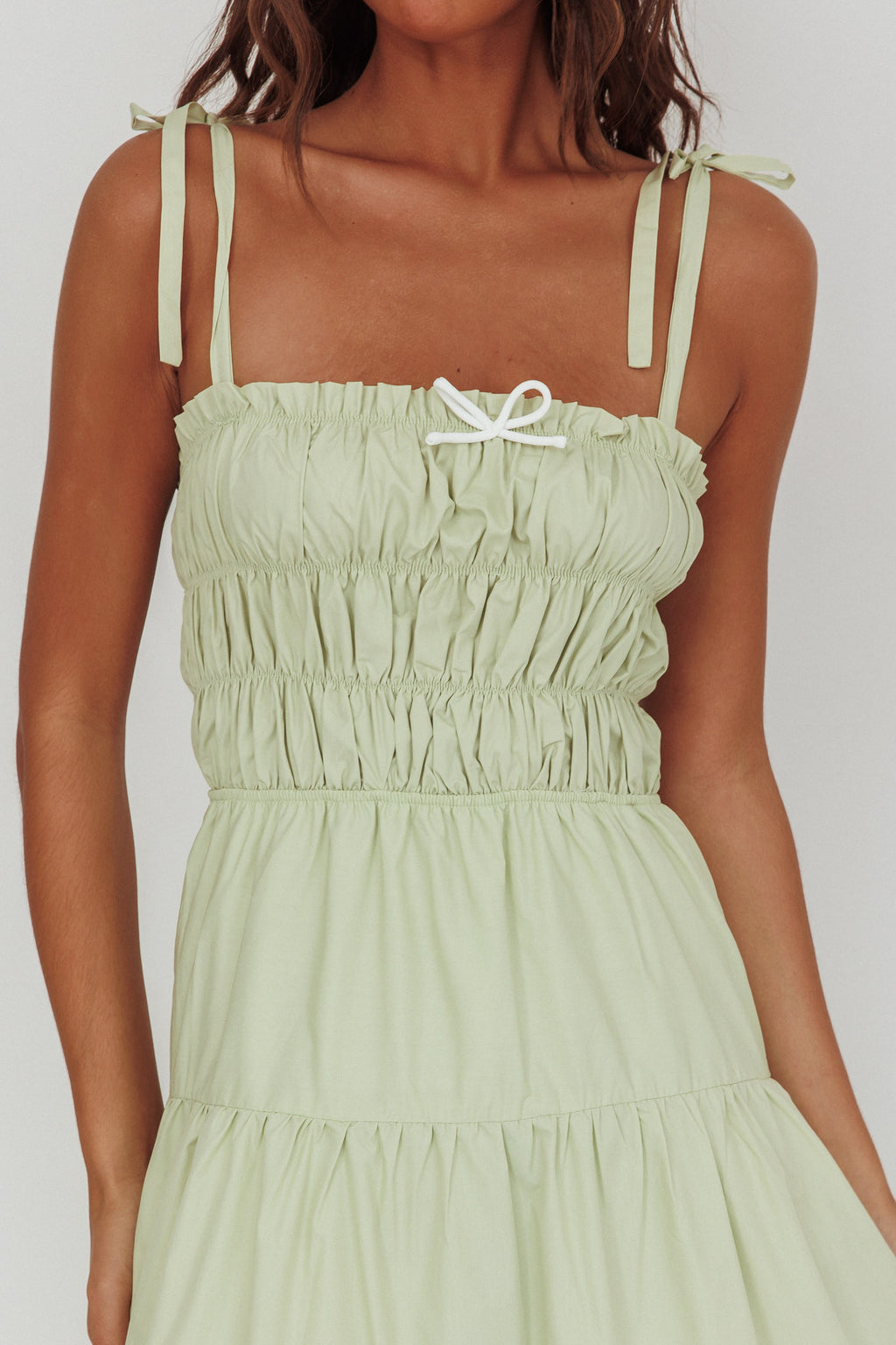 Anderson Tied Shoulder Smocked Bodice Maxi Dress Sage by Selfie Leslie