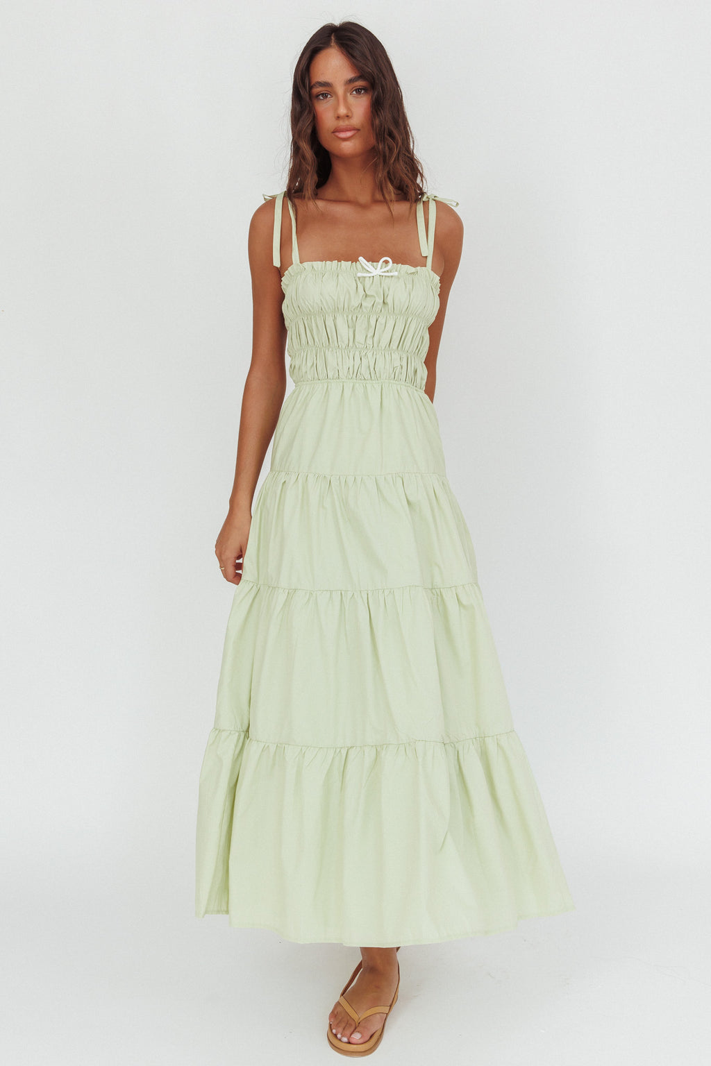 Anderson Tied Shoulder Smocked Bodice Maxi Dress Sage by Selfie Leslie