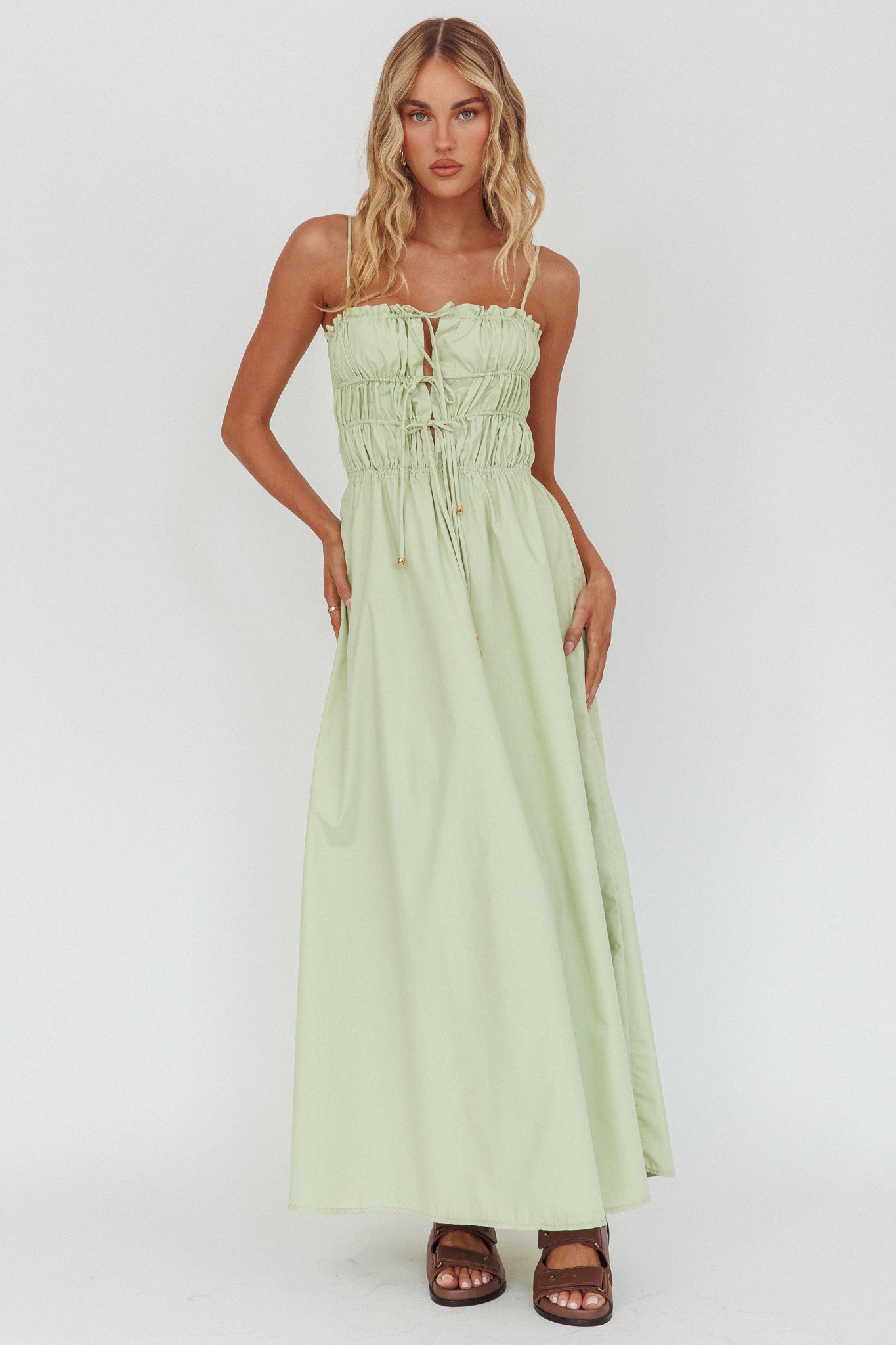 Remember When Tied Bodice Maxi Dress Sage XL