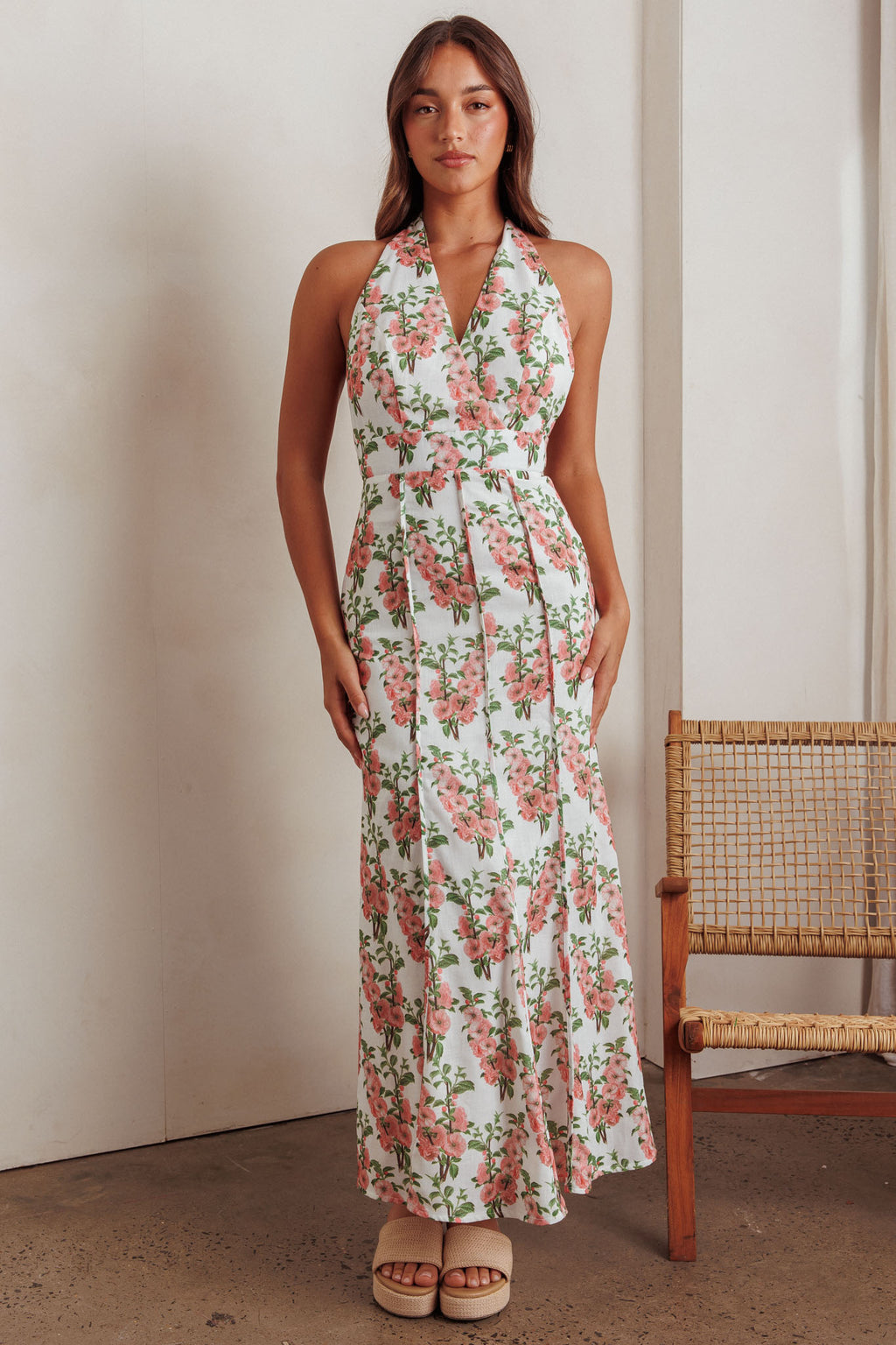 Love Bomb Pintuck Pleat Halterneck Maxi Dress Floral Pink by Selfie Leslie