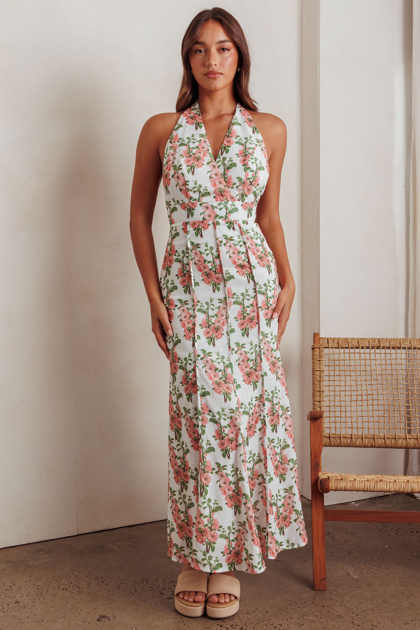 Love Bomb Pintuck Pleat Halterneck Maxi Dress Floral Pink by Selfie Leslie