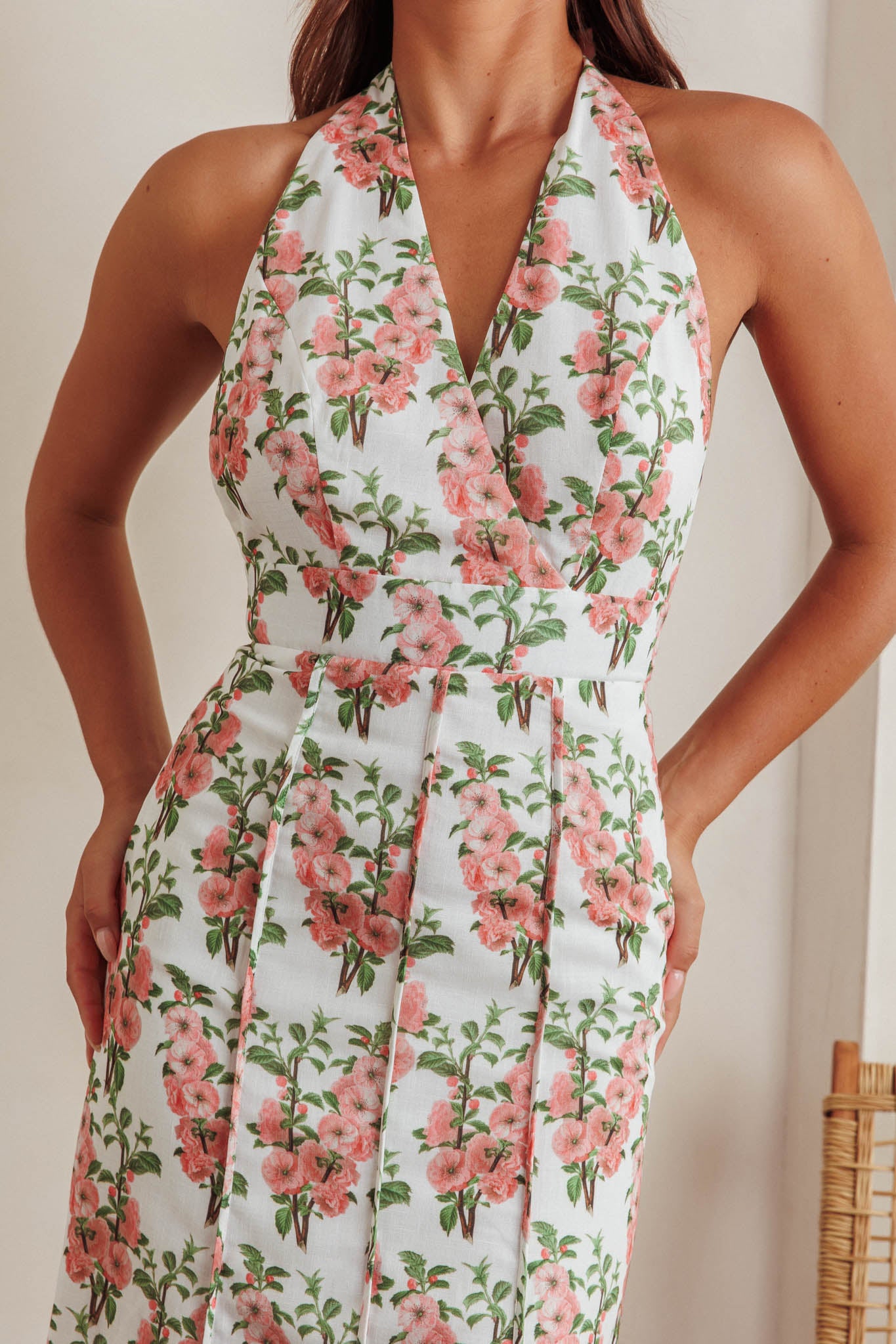 Love Bomb Pintuck Pleat Halterneck Maxi Dress Floral Pink by Selfie Leslie