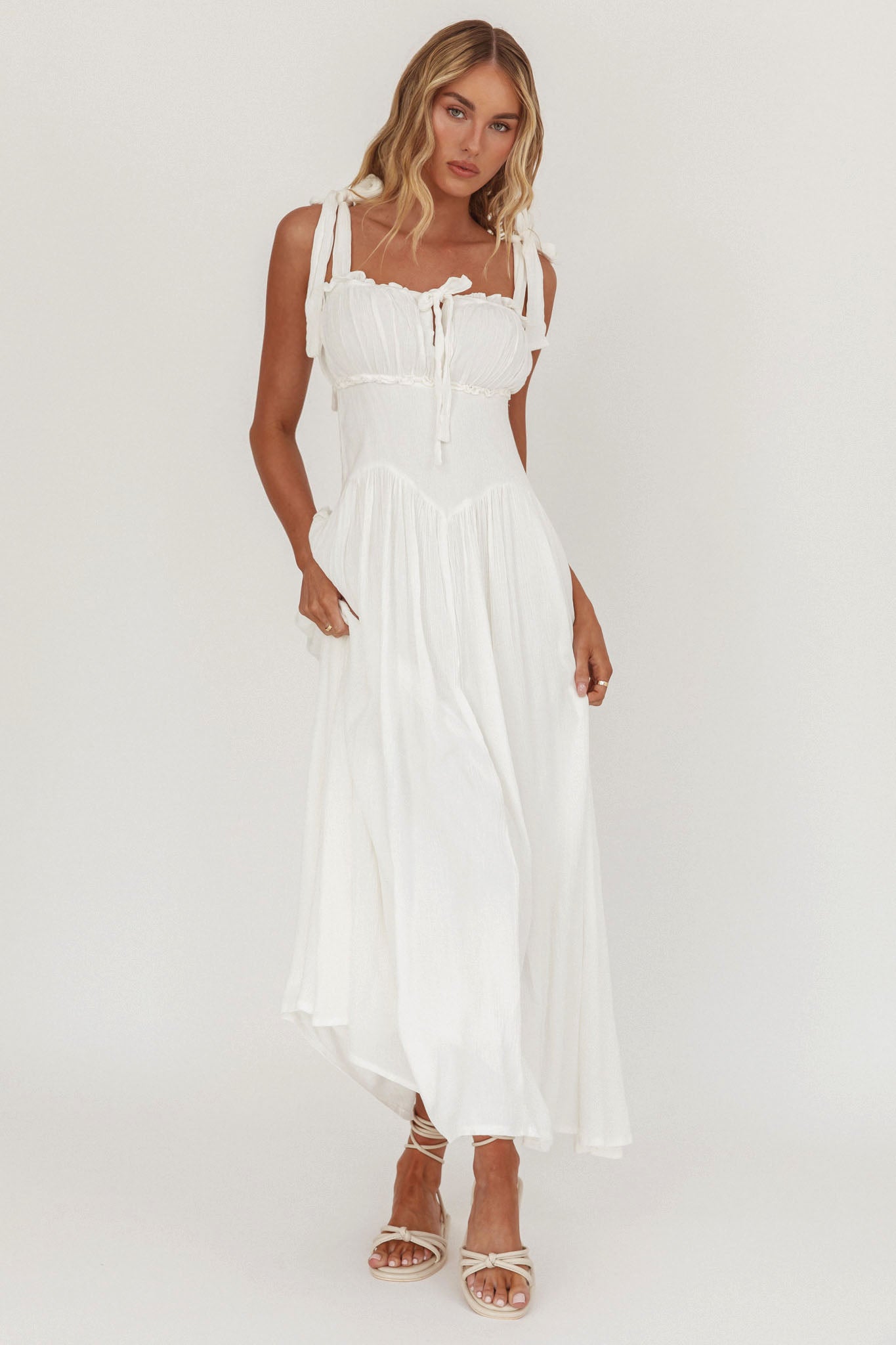 Albury Tied Shoulder Basque Waist Midi Dress White– Selfie Leslie