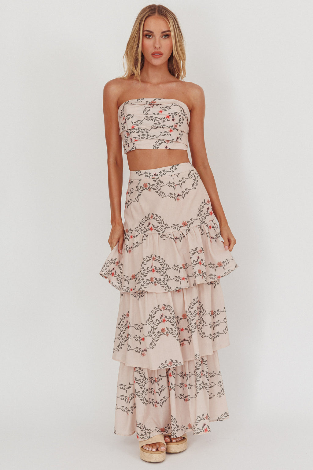 Ezmeralda Strapless Peat Crop Top Floral Beige by Selfie Leslie