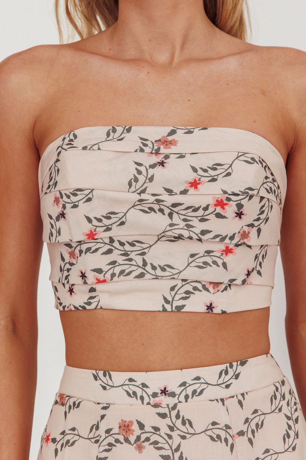 Ezmeralda Strapless Peat Crop Top Floral Beige by Selfie Leslie