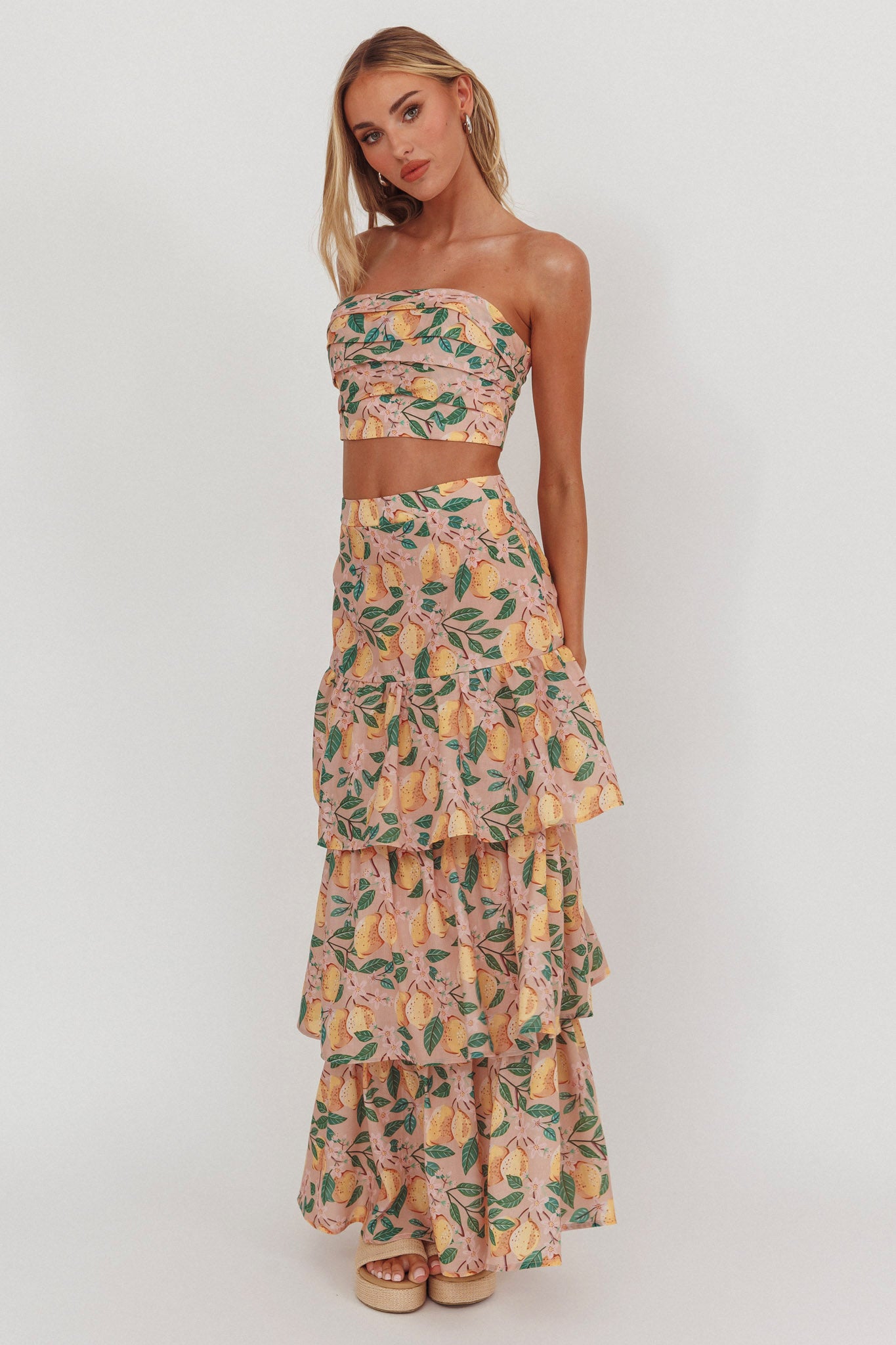 Ezmeralda Tiered Ruffle Maxi Skirt Lemon by Selfie Leslie