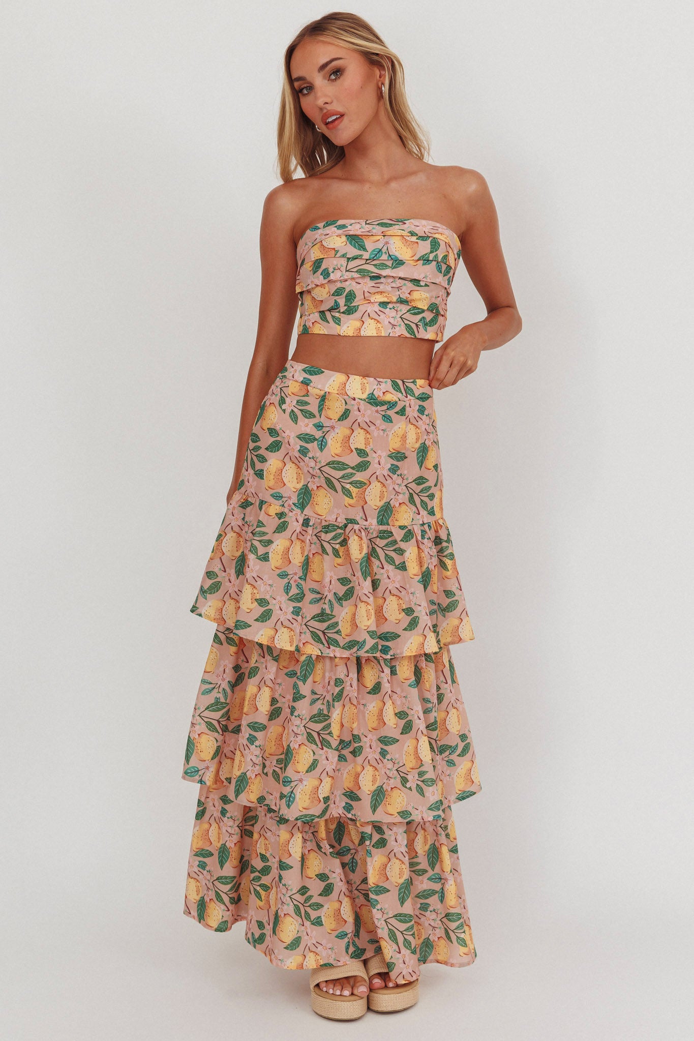 Ezmeralda Tiered Ruffle Maxi Skirt Lemon | Selfie Leslie