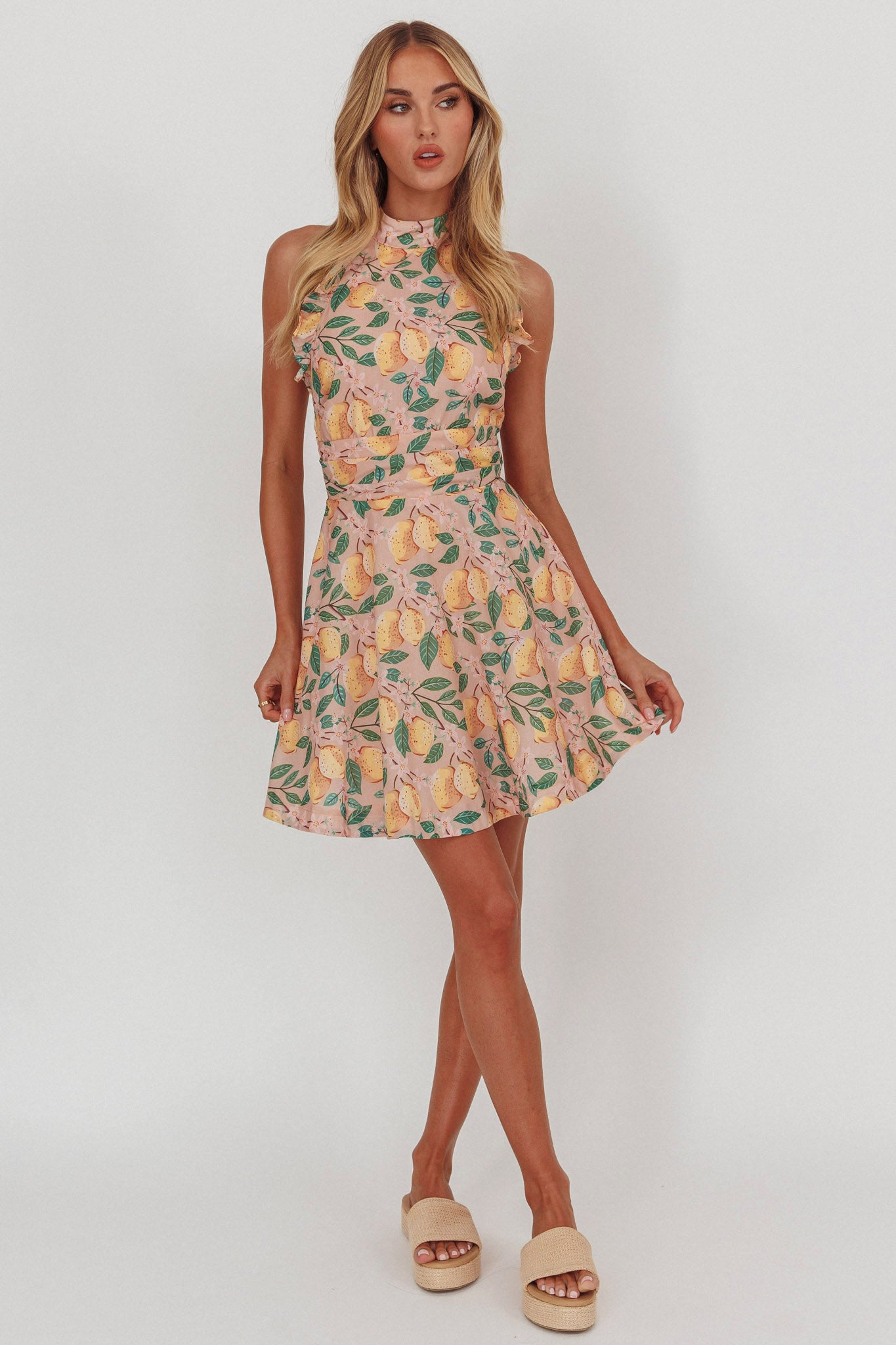 Miko Frill Trim Halter Mini Dress Lemon by Selfie Leslie