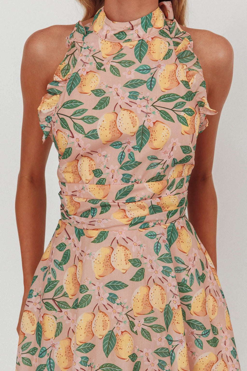 Miko Frill Trim Halter Mini Dress Lemon by Selfie Leslie