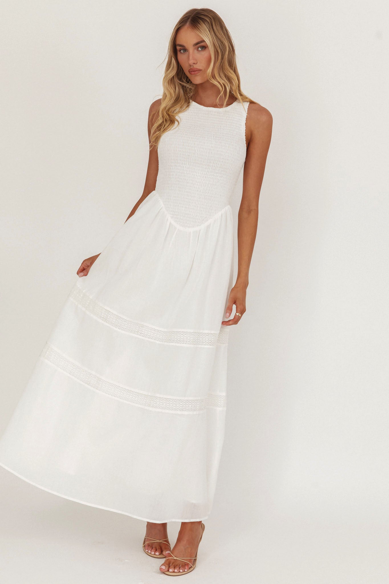 Smith Shirred Bodice Midi Dress White by Selfie Leslie