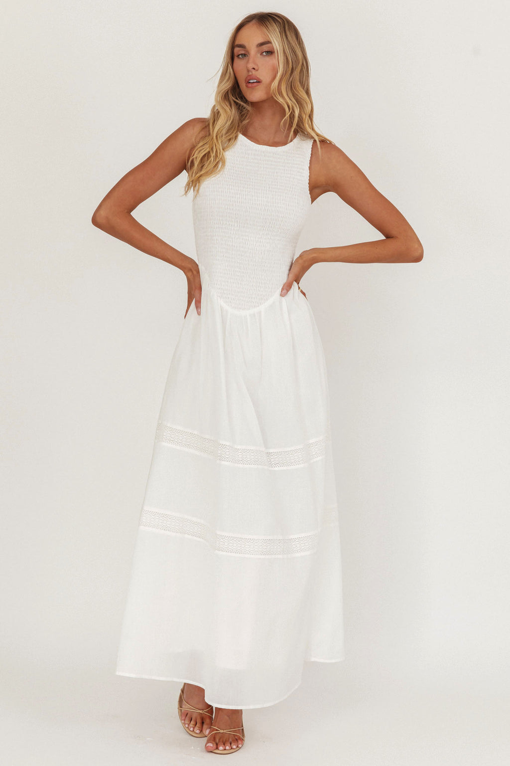 Smith Shirred Bodice Midi Dress White by Selfie Leslie