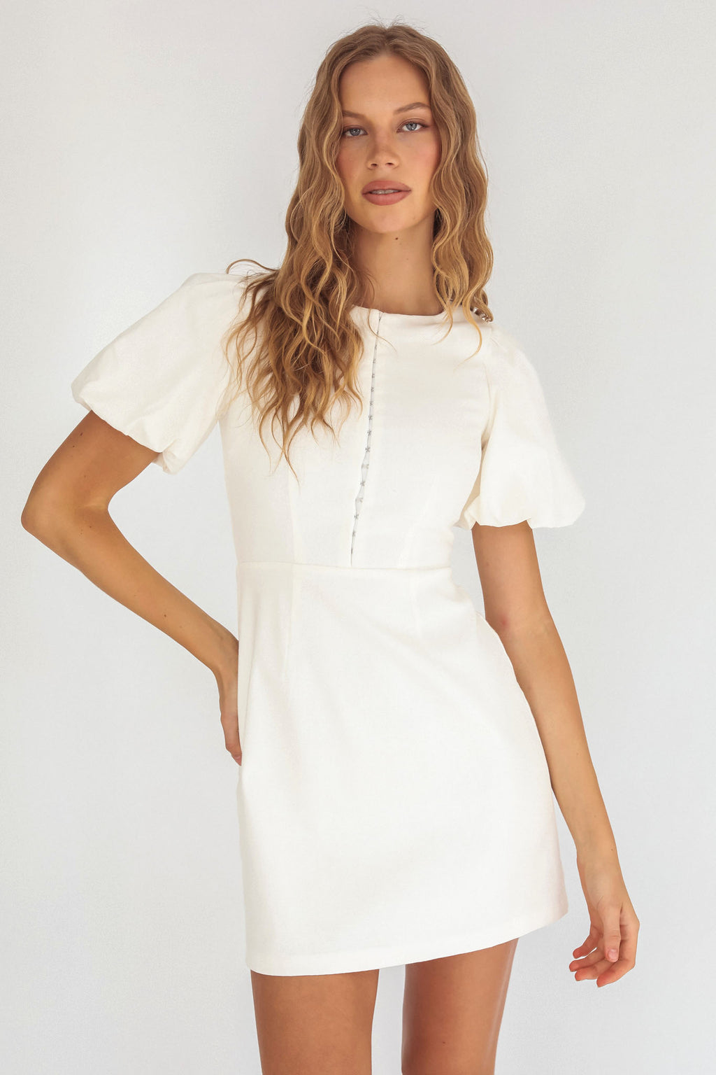 Leronne Hook & Eye Puff Sleeve Mini Dress White by Selfie Leslie