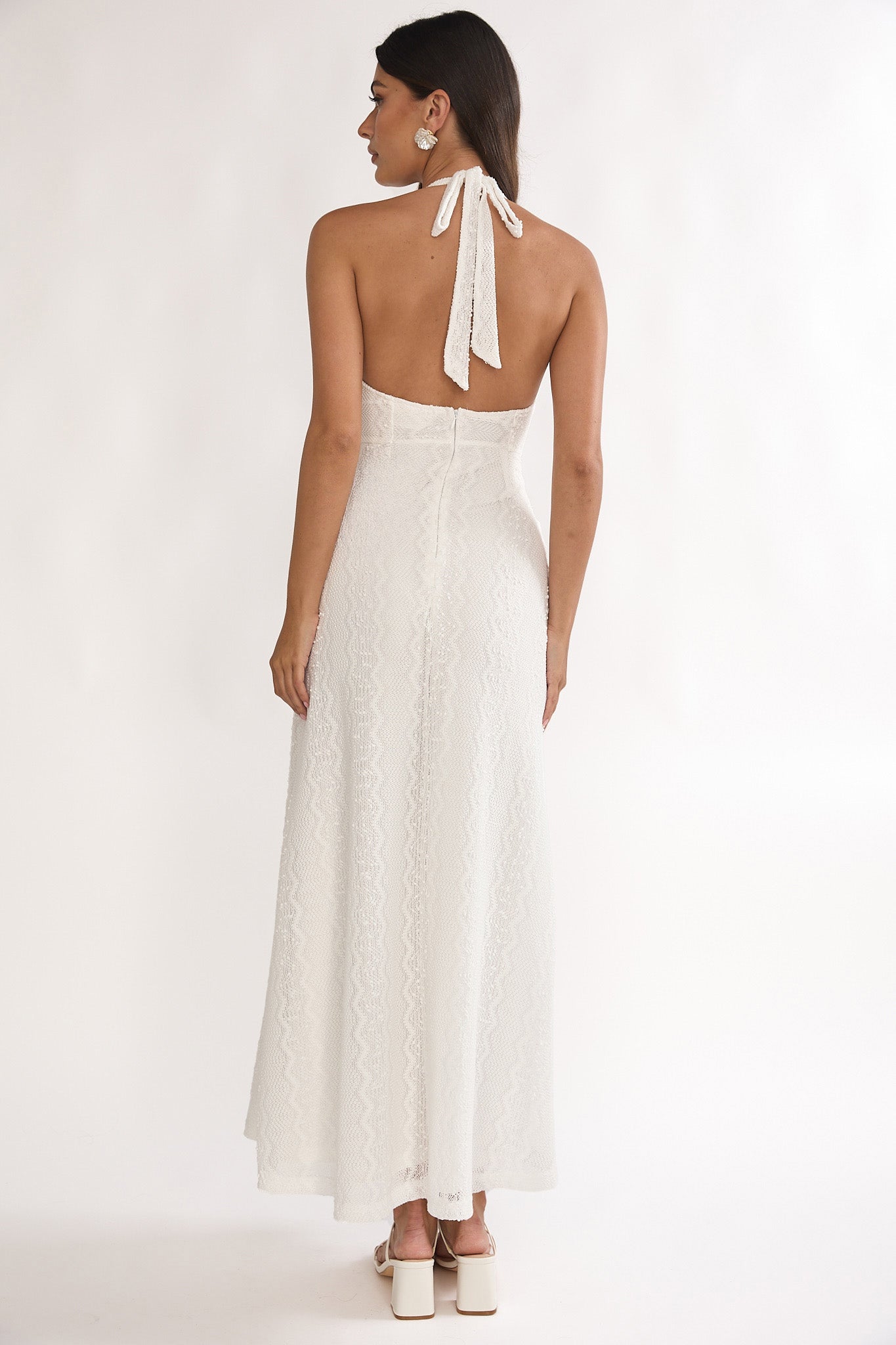 Beaucoup Lace Overlay Halterneck Maxi Dress Cream - L