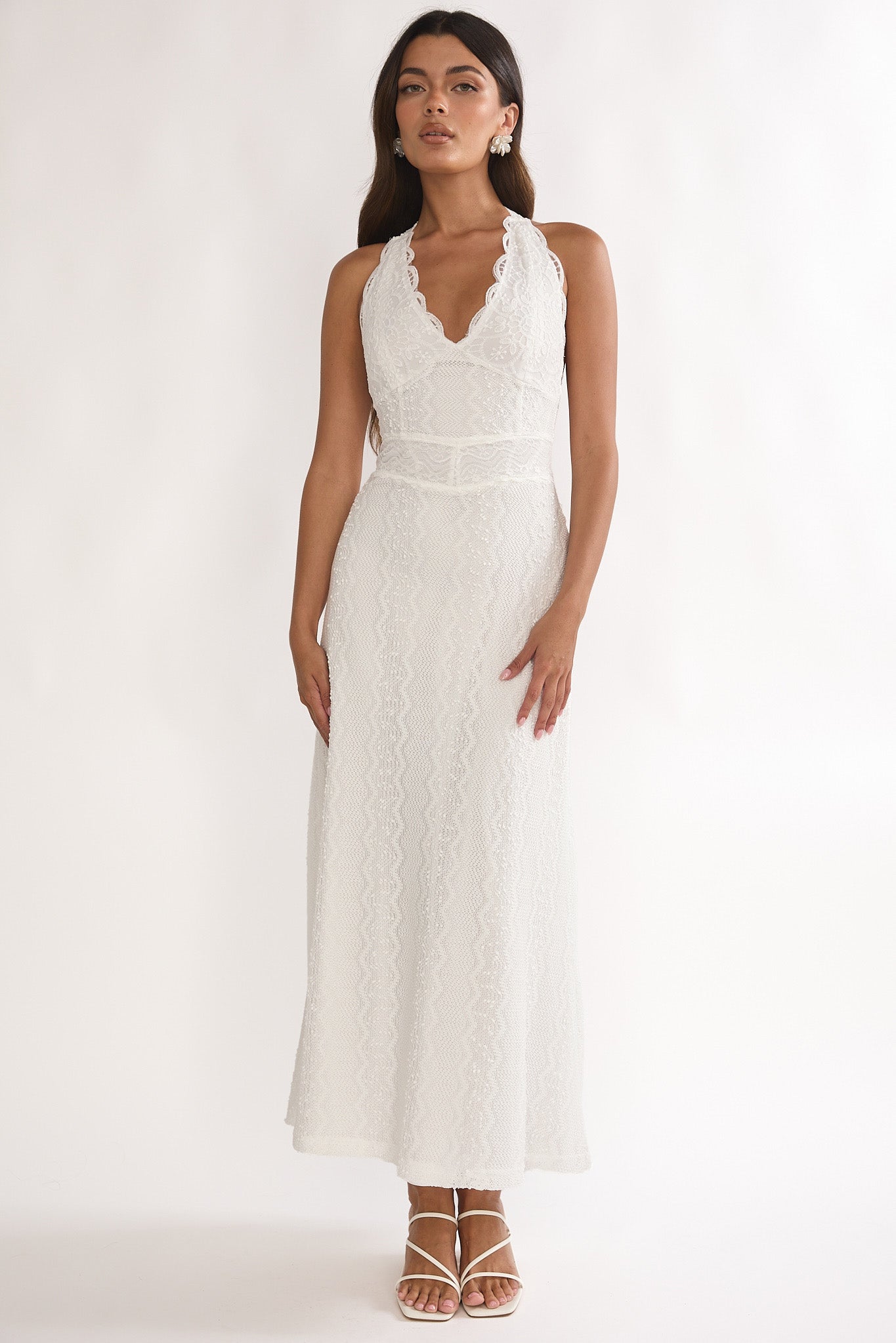 Beaucoup Lace Overlay Halterneck Maxi Dress Cream | Selfie Leslie