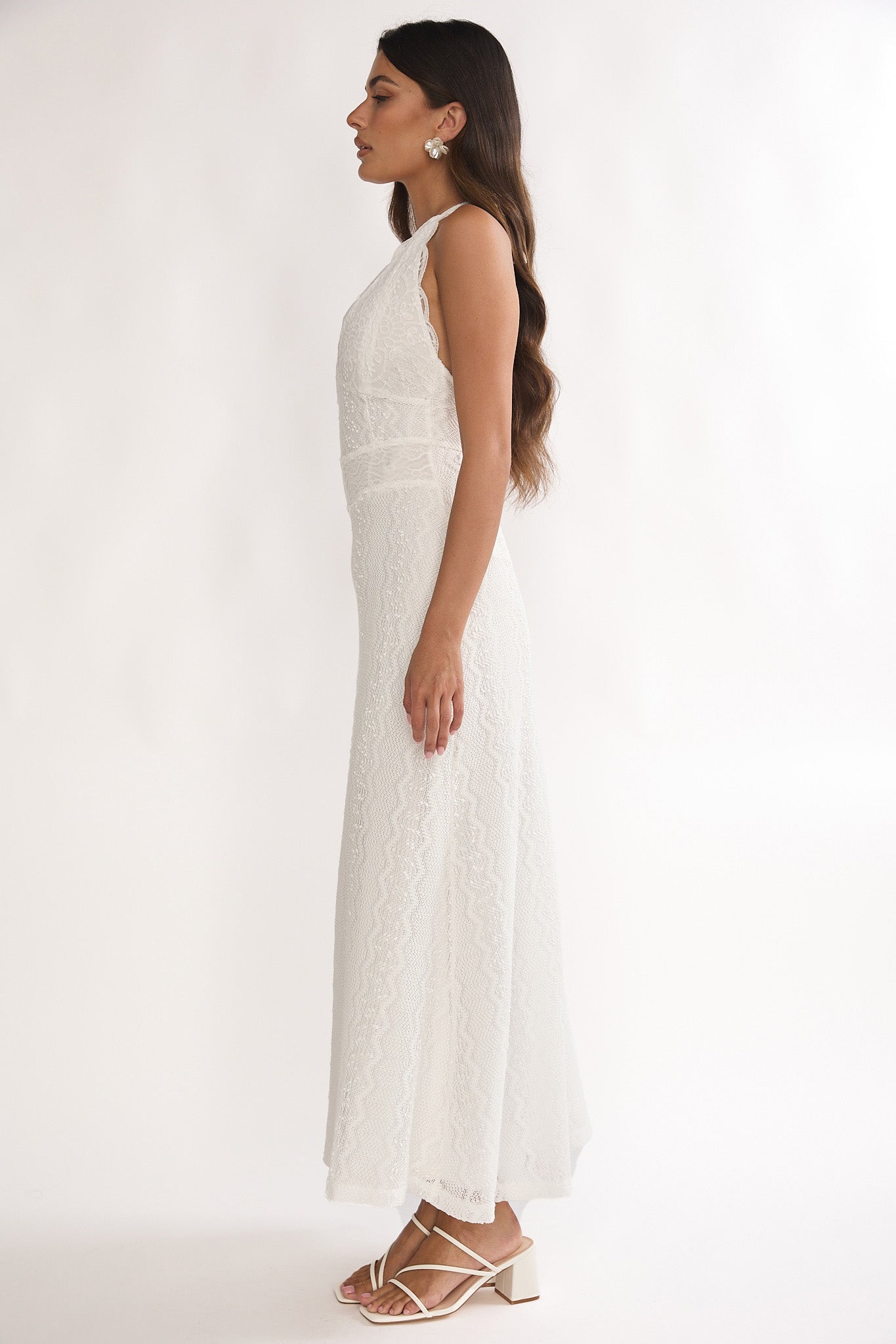 Beaucoup Lace Overlay Halterneck Maxi Dress Cream