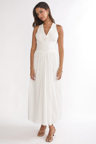 Sundrenched Halter Maxi Dress Eyelet White - XS