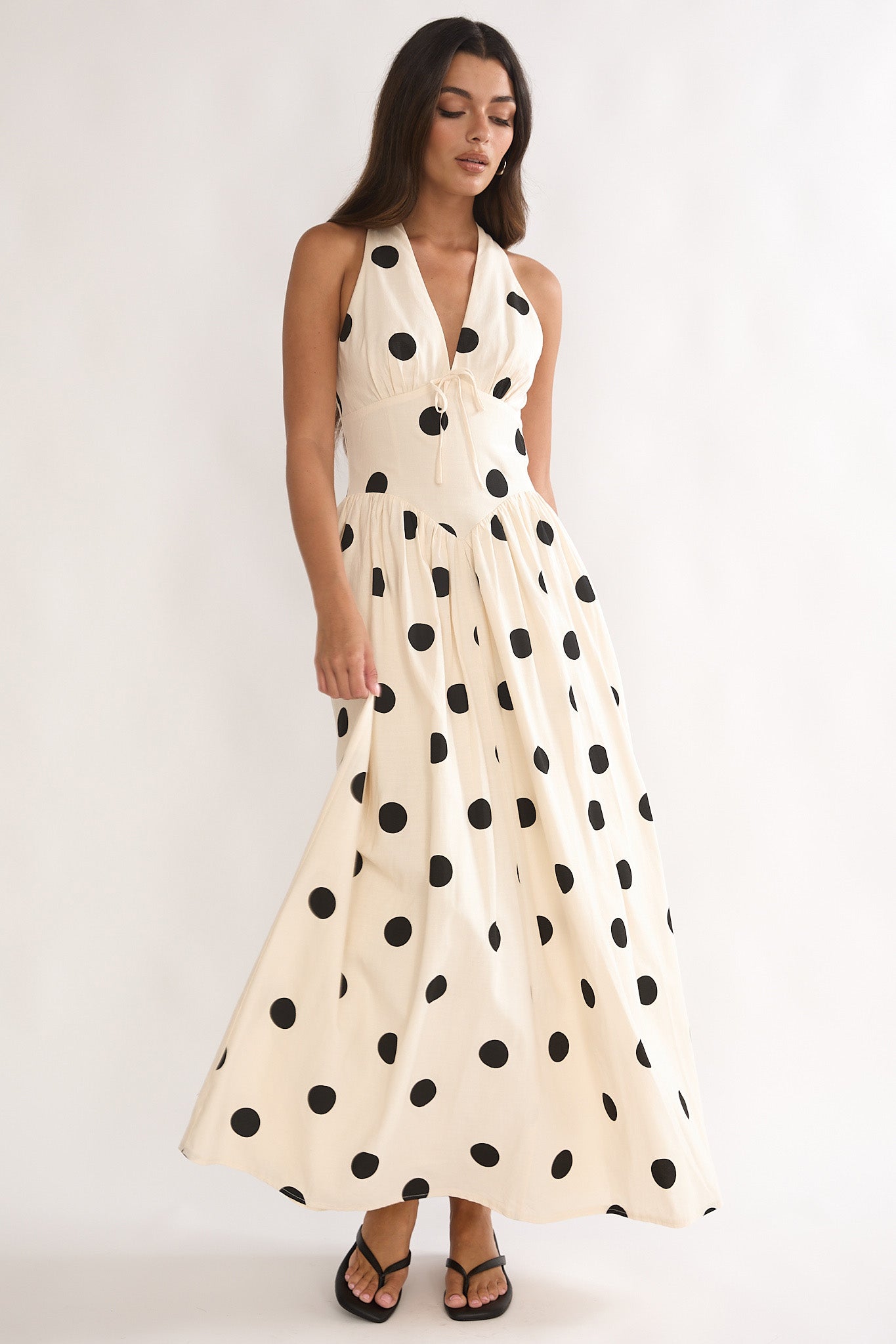 Sundrenched Halter Maxi Dress Polka Dot Beige | Selfie Leslie