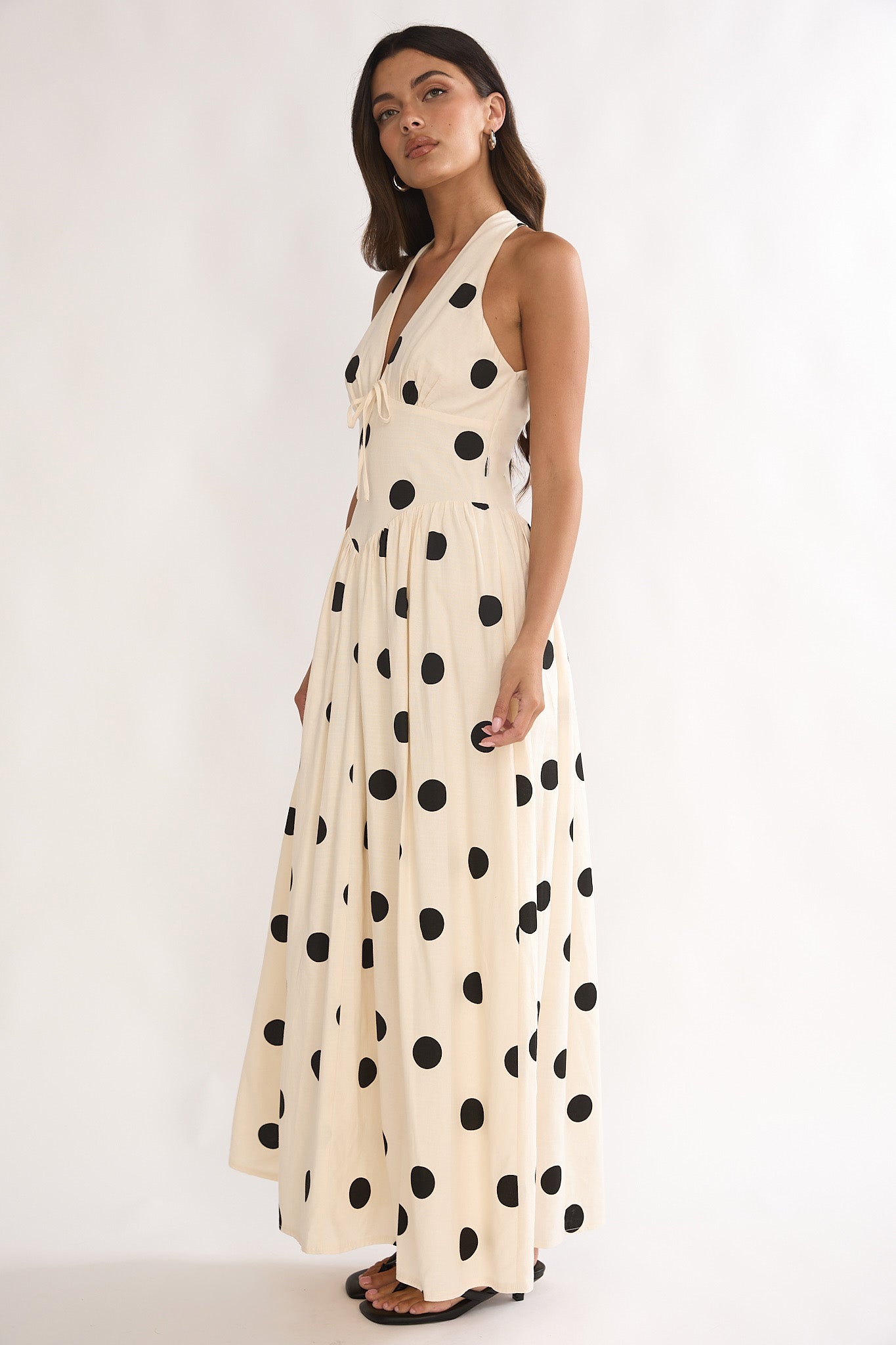 Sundrenched Halter Maxi Dress Polka Dot Beige - XS