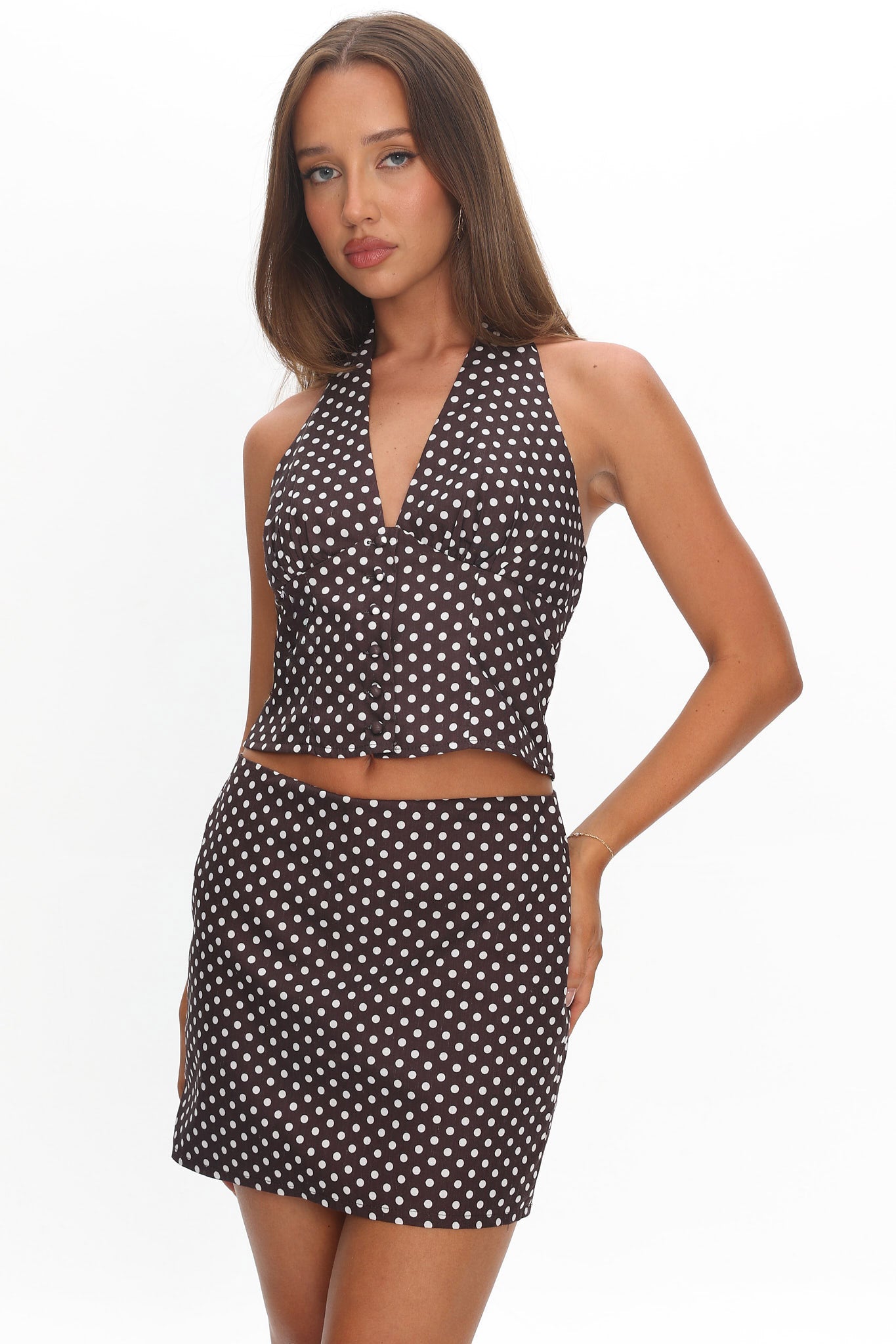 Sundrenched Mini Skirt Polka Dot Chocolate by Selfie Leslie