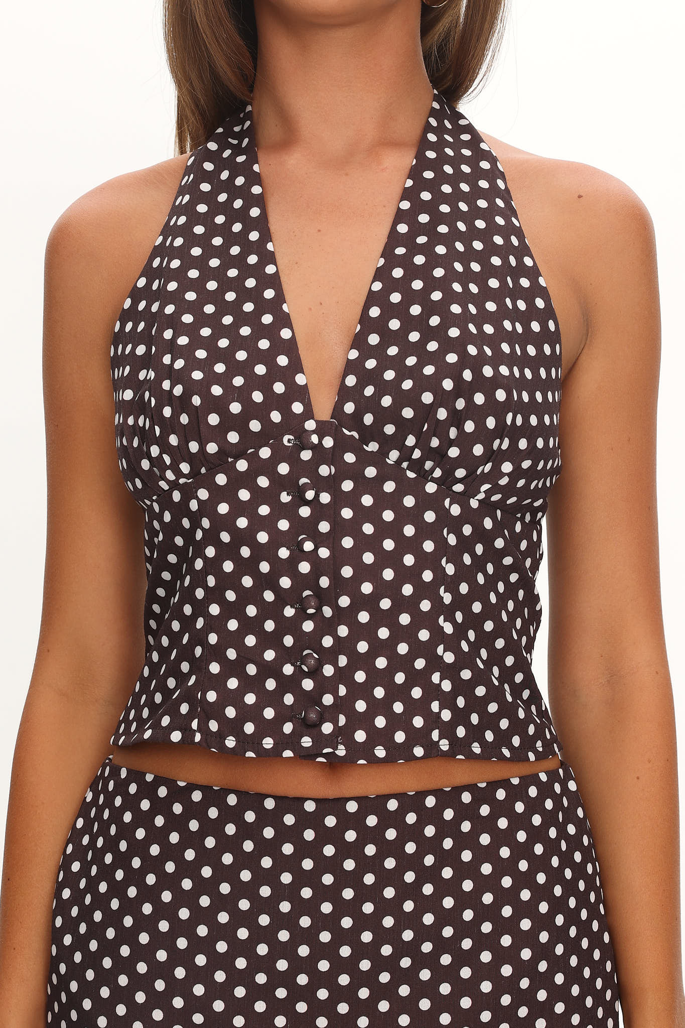 Sundrenched Button Halter Top Polka Dot Chocolate by Selfie Leslie