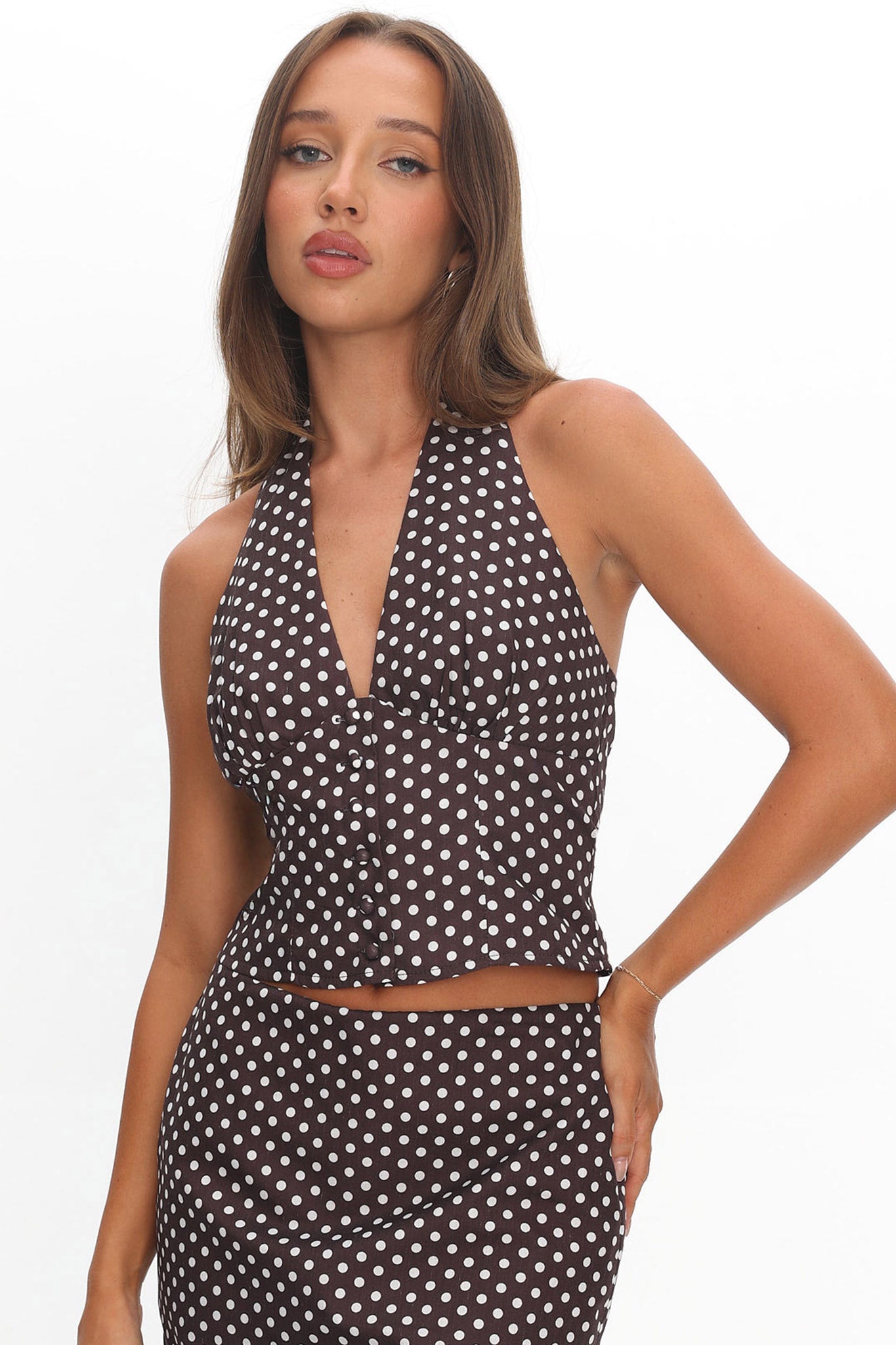 Sundrenched Button Halter Top Polka Dot Chocolate by Selfie Leslie