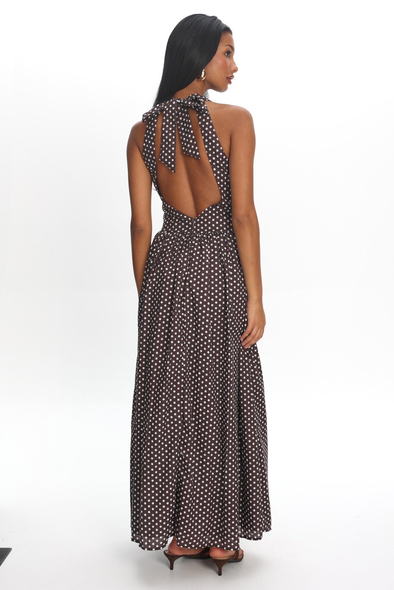 Clarette Basque Waist Open Back Maxi Dress Spotted Chocolate Clarette Basque Waist Open Back Maxi Dress Spotted Chocolate