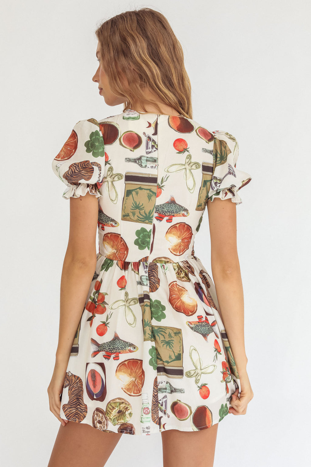 Nia Shirred Puff Sleeve Mini Dress Exotic Print Beige by Selfie Leslie