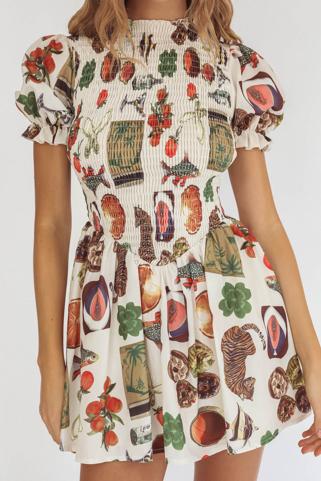 Nia Shirred Puff Sleeve Mini Dress Exotic Print Beige by Selfie Leslie