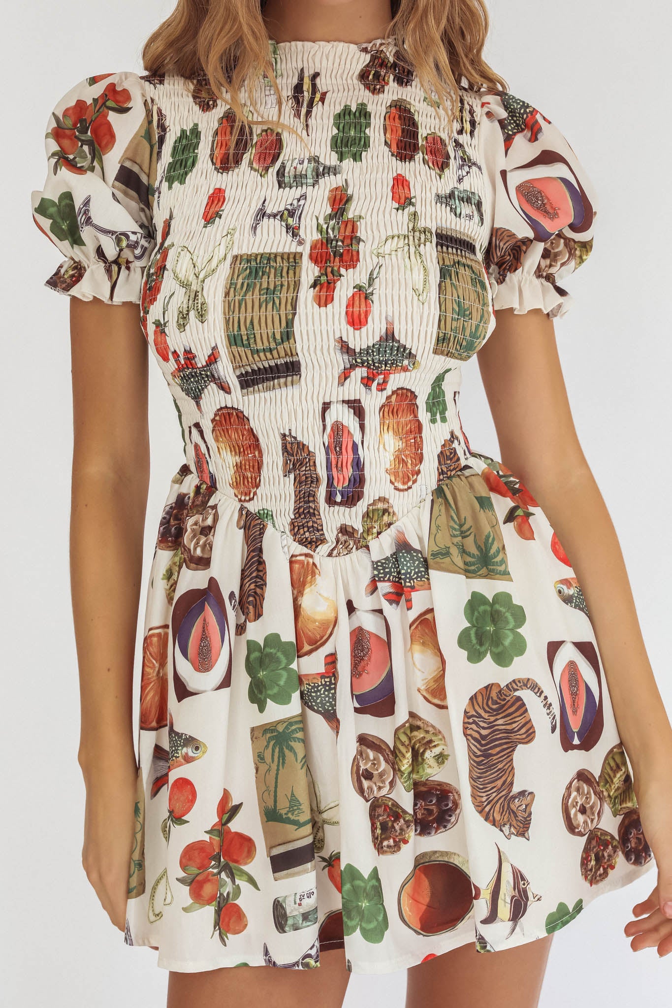 Nia Shirred Puff Sleeve Mini Dress Exotic Print Beige by Selfie Leslie