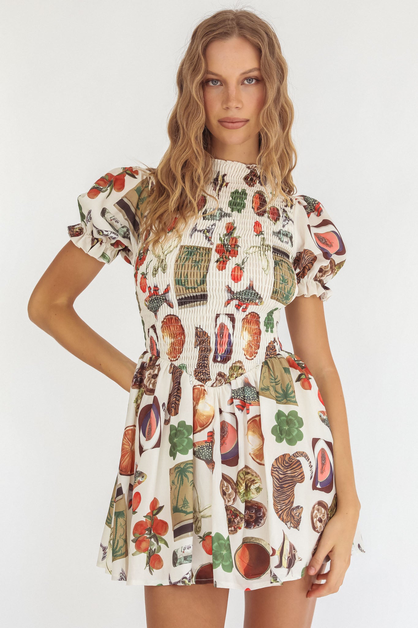 Nia Shirred Puff Sleeve Mini Dress Exotic Print Beige by Selfie Leslie