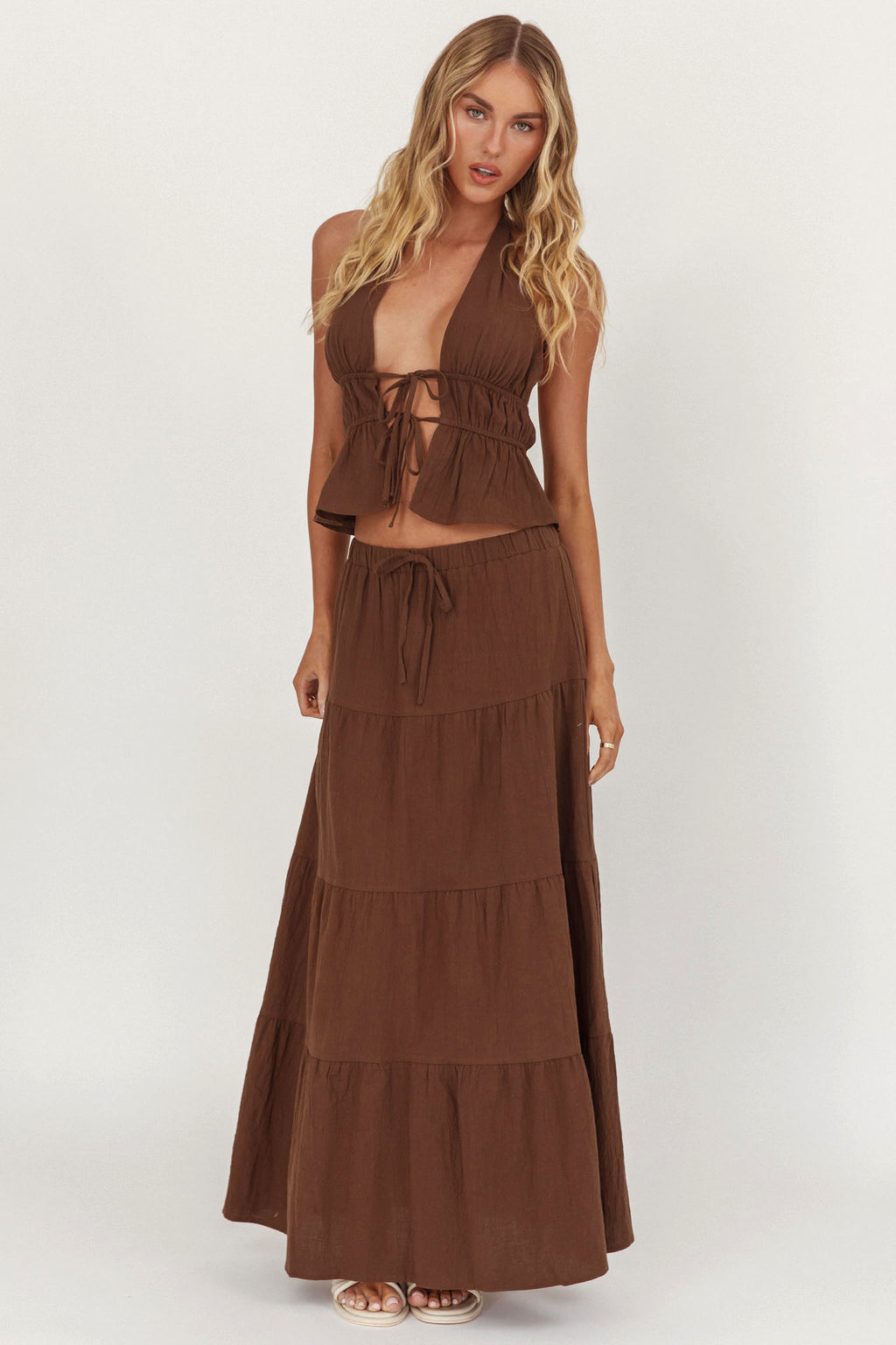 Under The Moons Tie Waist Maxi Skirt Cocoa by Selfie Leslie