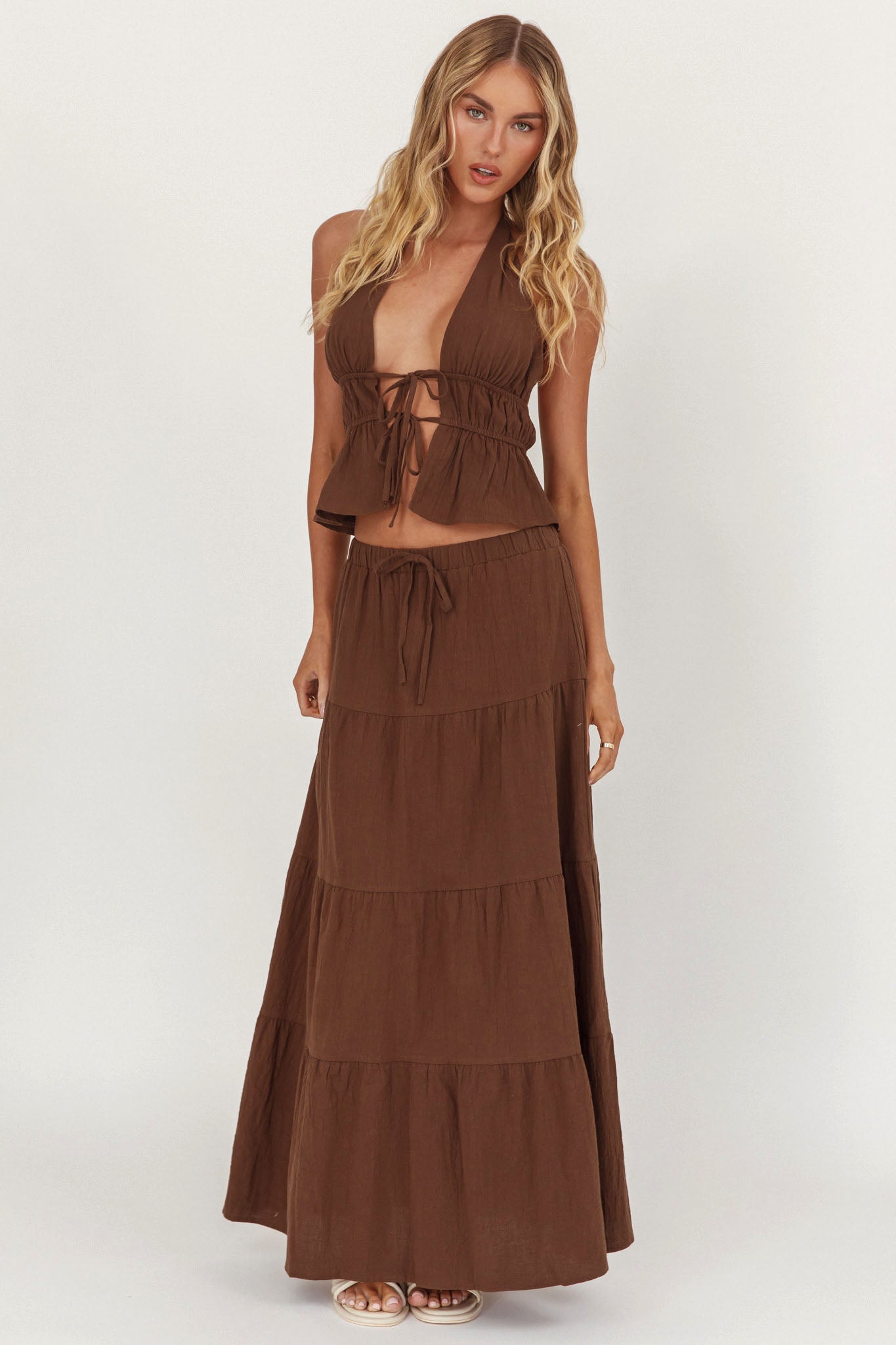 Under The Moons Tie Waist Maxi Skirt Cocoa by Selfie Leslie