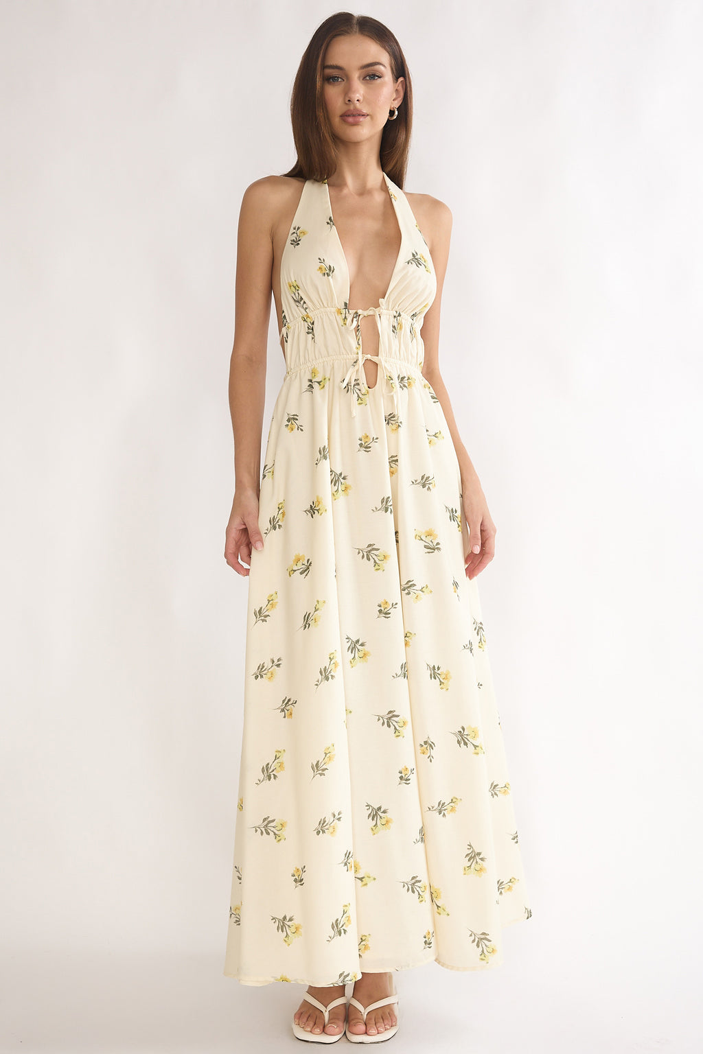Under The Moons Tied Front Maxi Dress Floral Yellow by Selfie Leslie