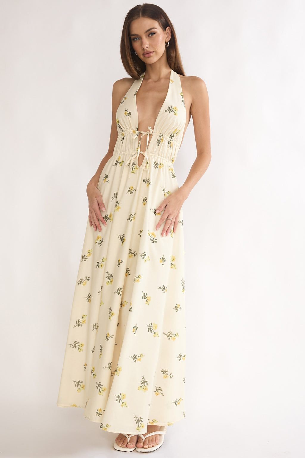 Under The Moons Tied Front Maxi Dress Floral Yellow by Selfie Leslie