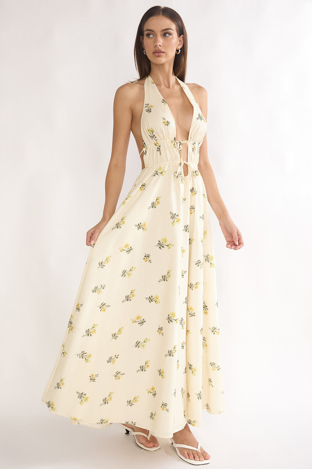 Under The Moons Tied Front Maxi Dress Floral Yellow by Selfie Leslie