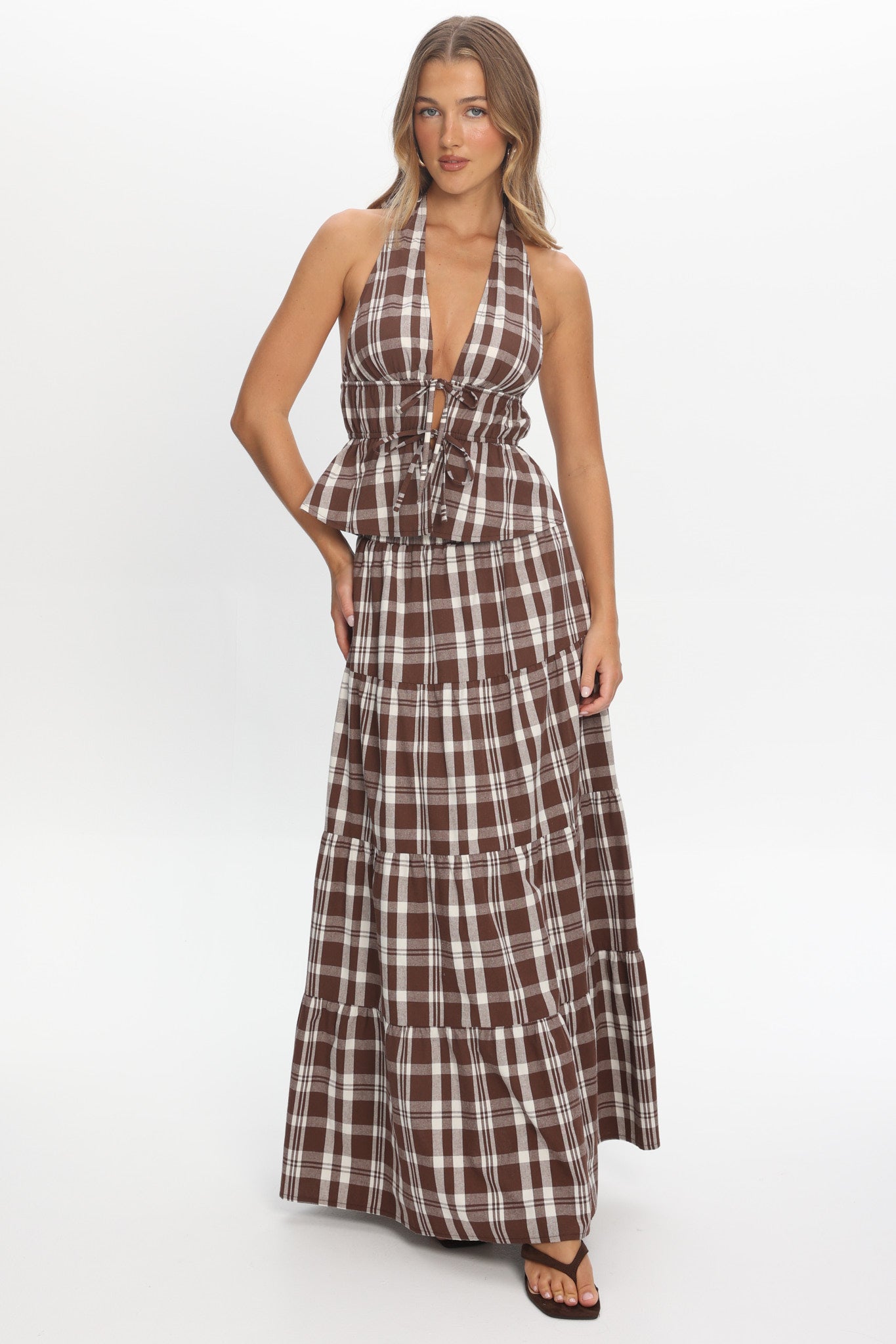 Admire Tie Front Halter Top Plaid Chocolate | Selfie Leslie