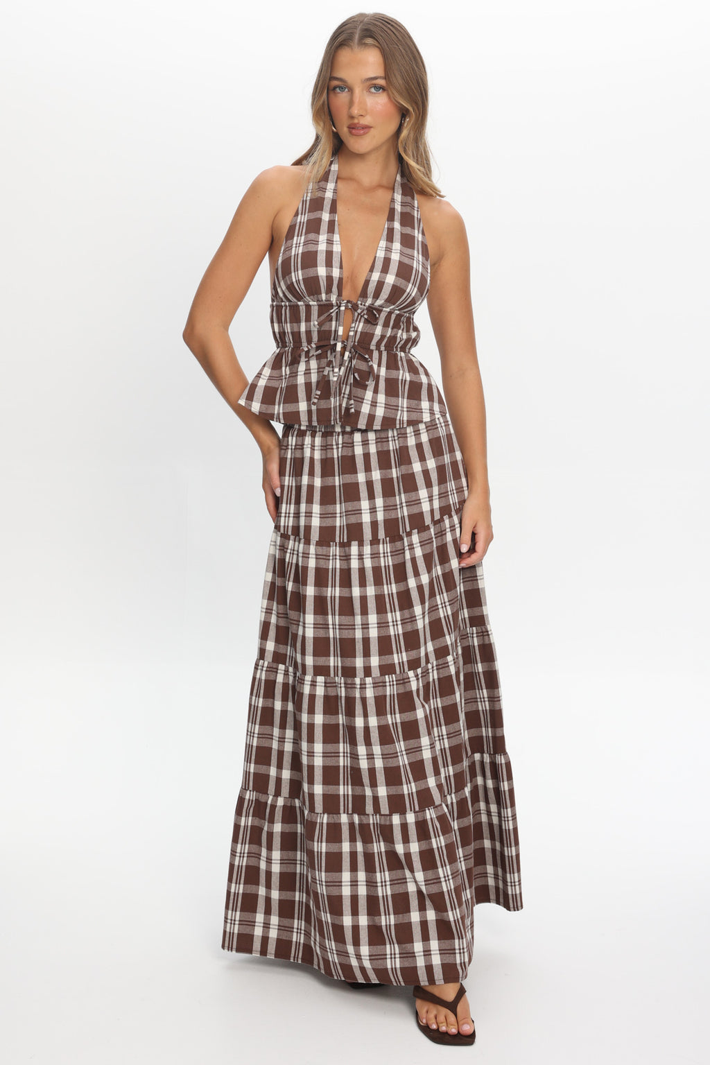 Admire Tie Front Halter Top Plaid Chocolate