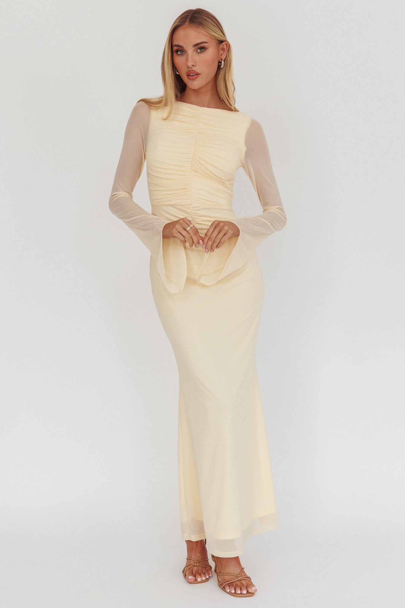 Luna Love Long Sleeve Mesh Maxi Dress Cream by Selfie Leslie