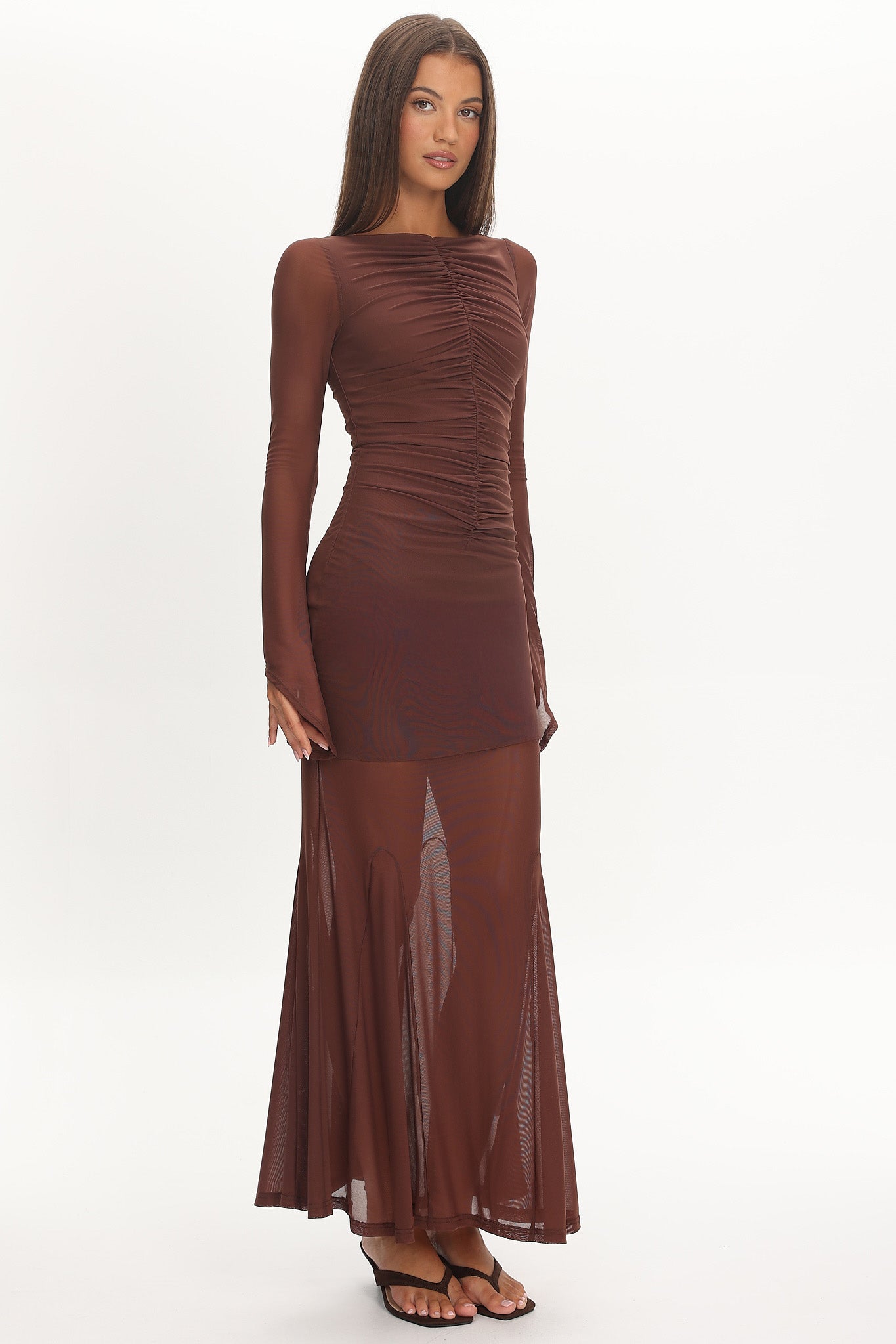 Luna Love Long Sleeve Mesh Maxi Dress Chocolate by Selfie Leslie