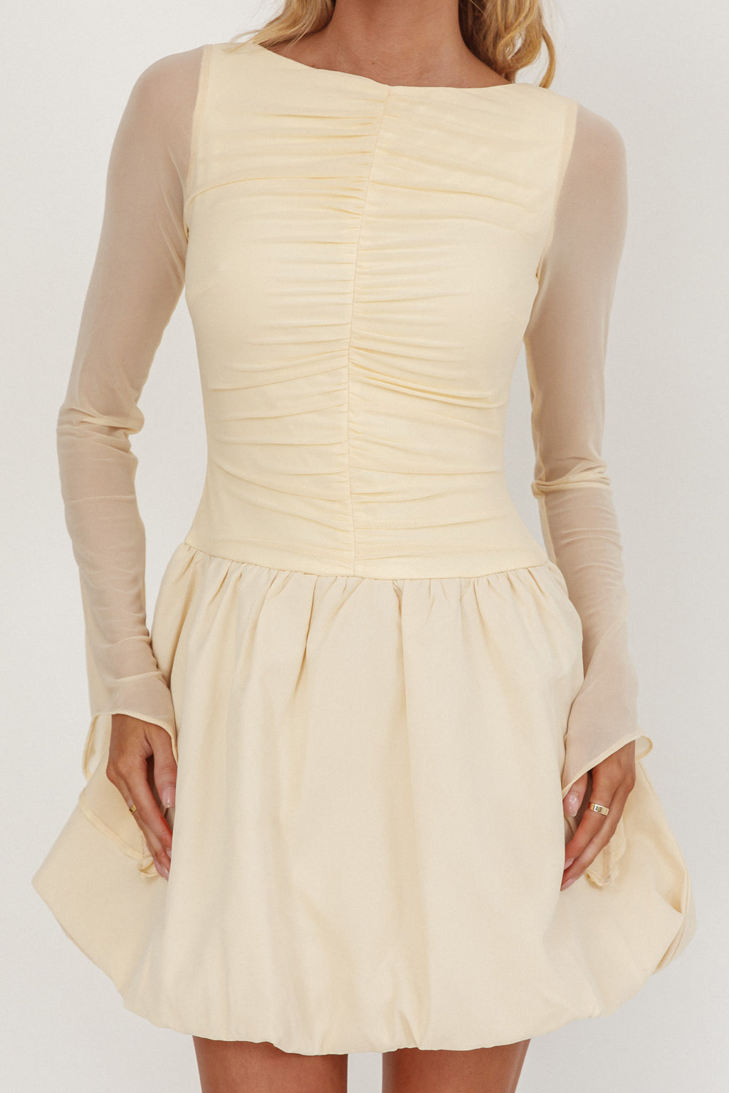 Elowin Long Sleeve Bubble Hem Mini Dress Cream by Selfie Leslie