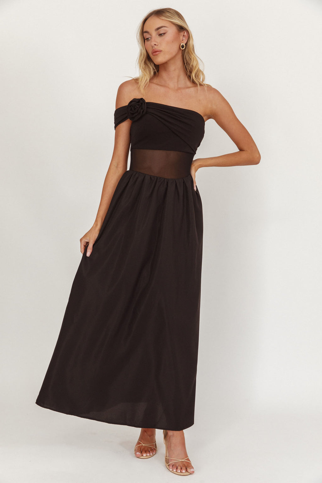 Uma One Sleeve Sheer Waist Midi Dress Black by Selfie Leslie