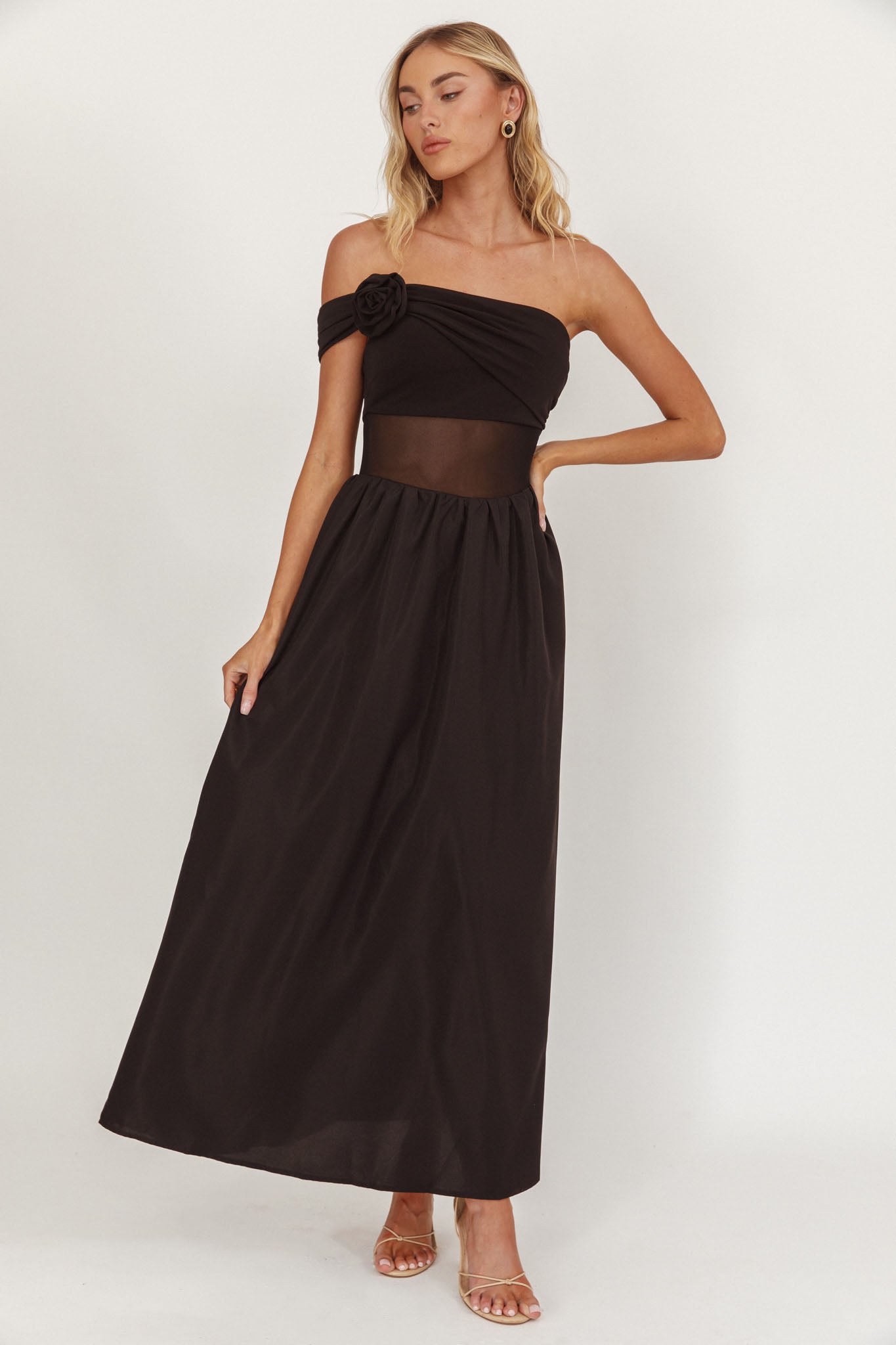 Uma One Sleeve Sheer Waist Midi Dress Black by Selfie Leslie