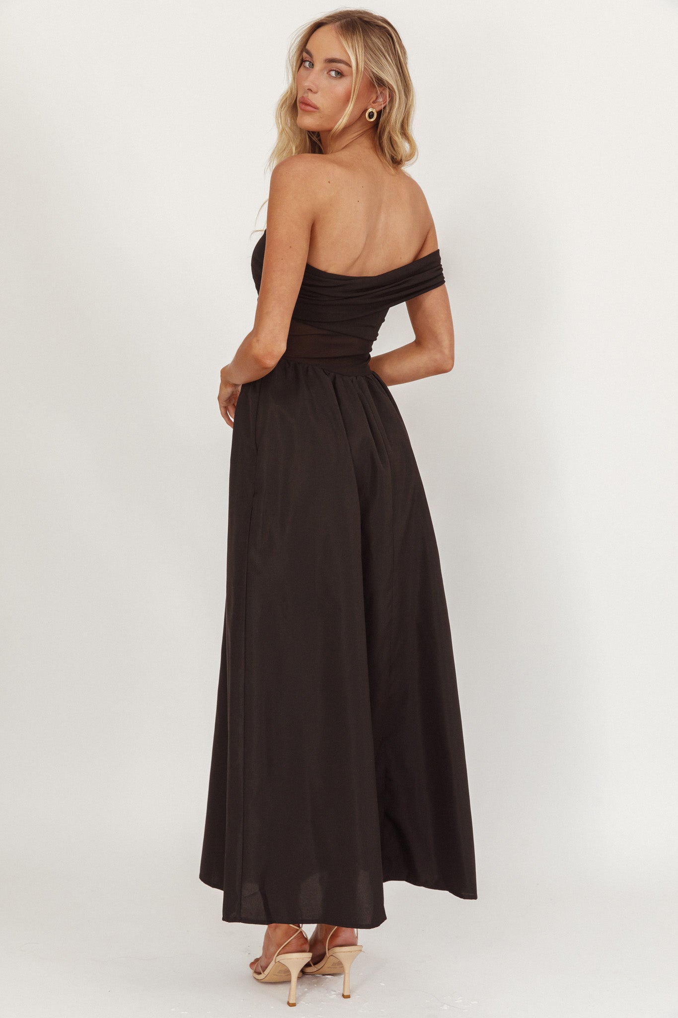 Uma One Sleeve Sheer Waist Midi Dress Black | Selfie Leslie