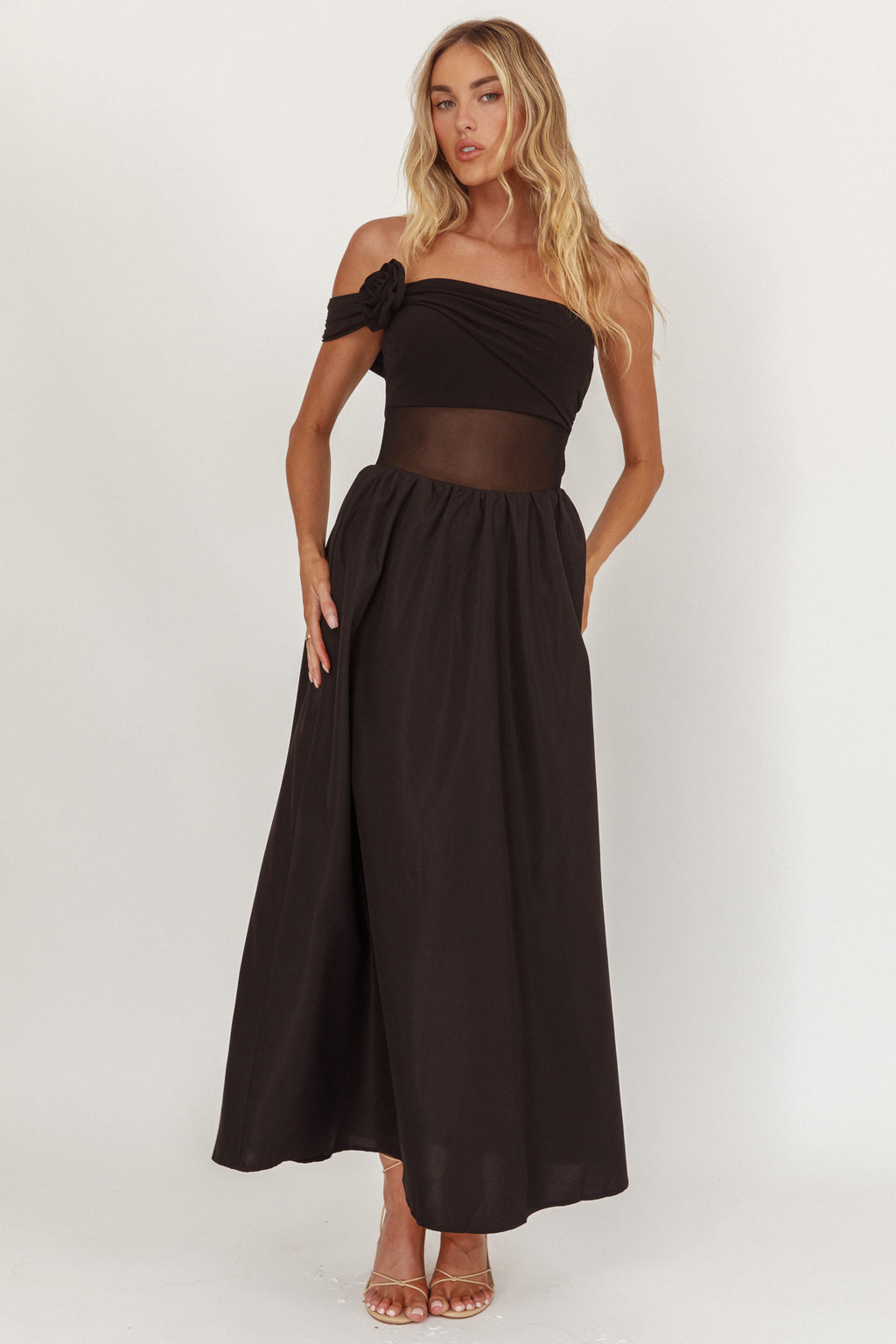 Uma One Sleeve Sheer Waist Midi Dress Black by Selfie Leslie