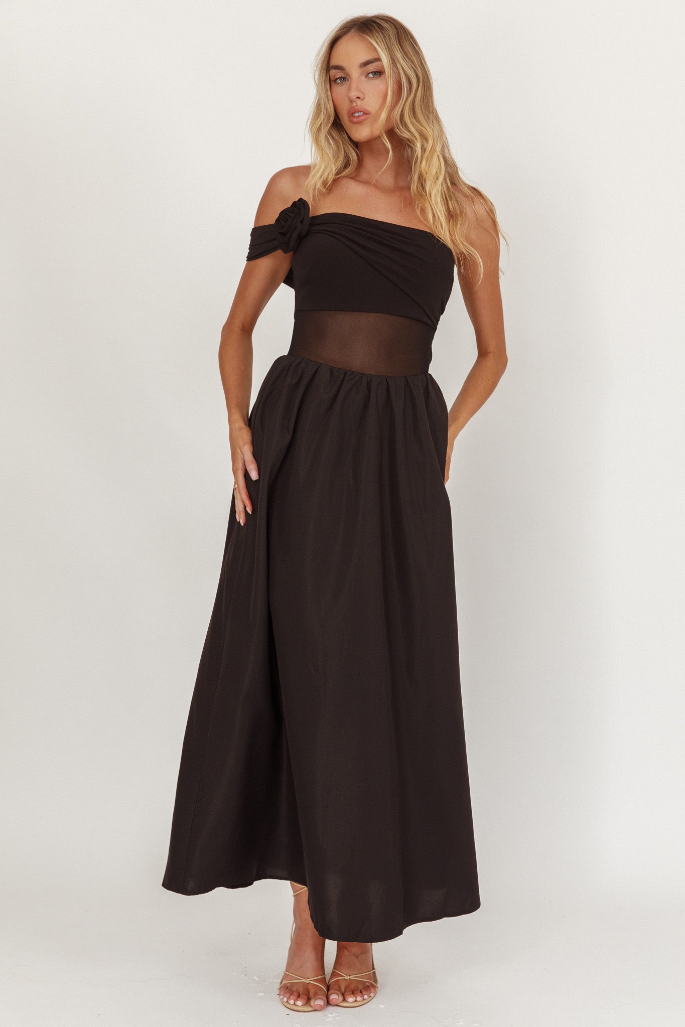 Uma One Sleeve Sheer Waist Midi Dress Black by Selfie Leslie