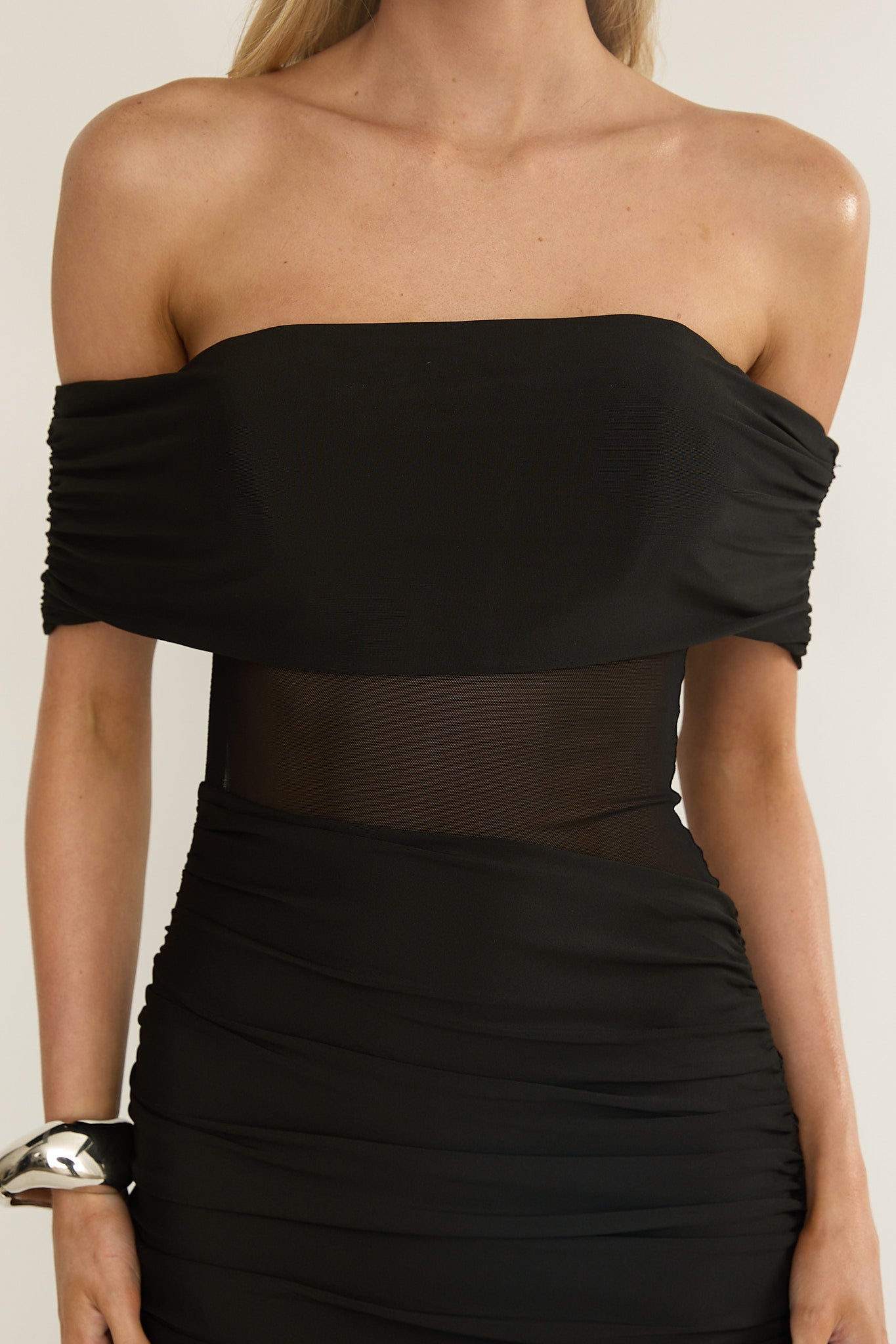 black tie dresses long Lumiere Off Shoulder Sheer Mesh Dress Black